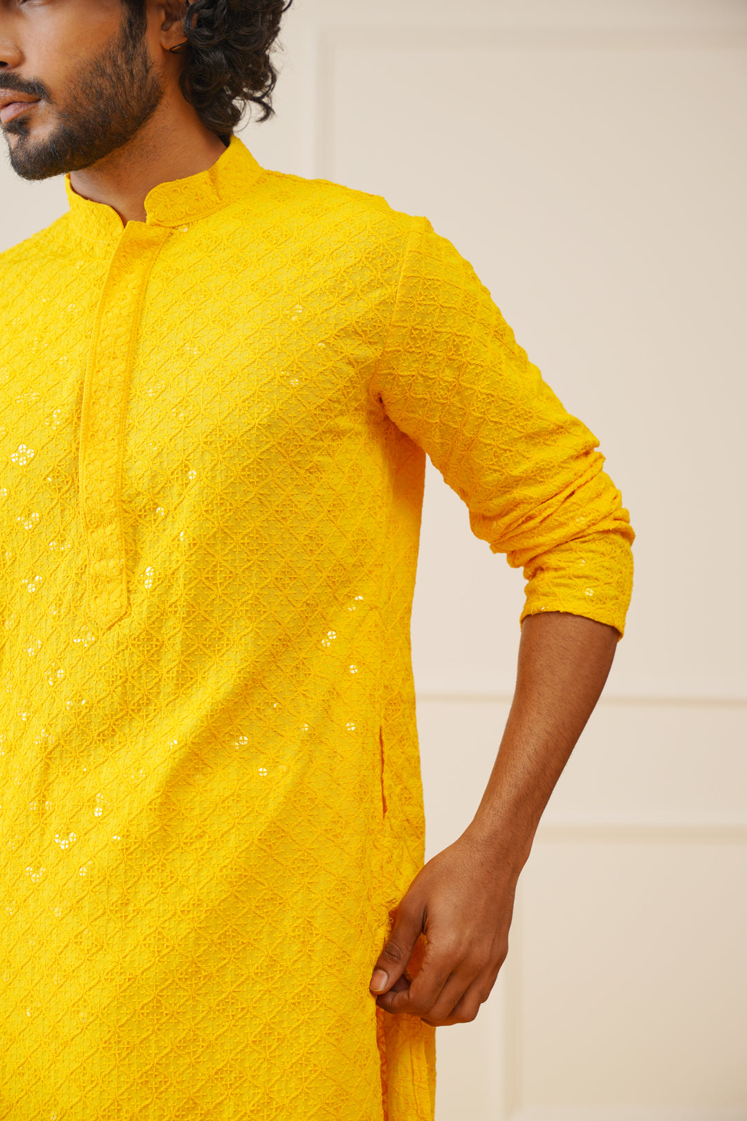 Aaryavar Men's Sequin Embellished Chikankari Kurta Only - Yellow Color for Haldi/Festival/Temple Function