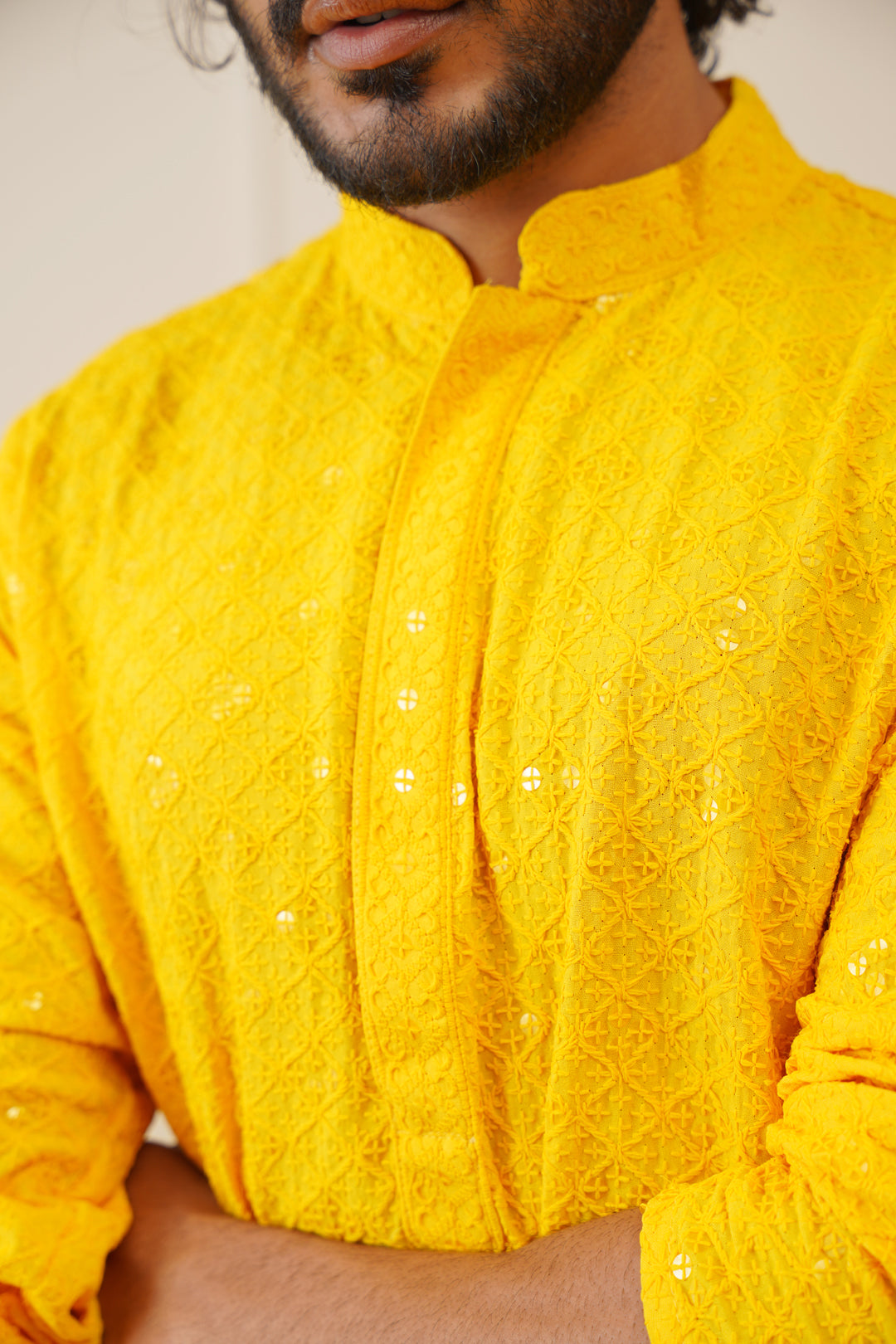 Aaryavar Men's Sequin Embellished Chikankari Kurta Only - Yellow Color for Haldi/Festival/Temple Function
