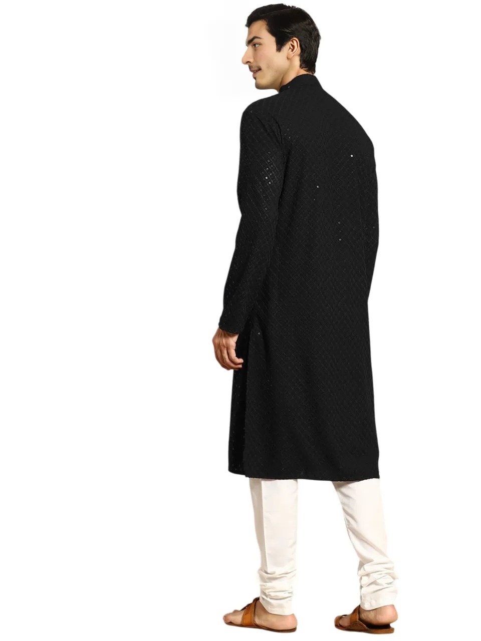 Aaryavar Men's Sequin Embellished Chikankari Kurta Only - Black Color For Festival / Function