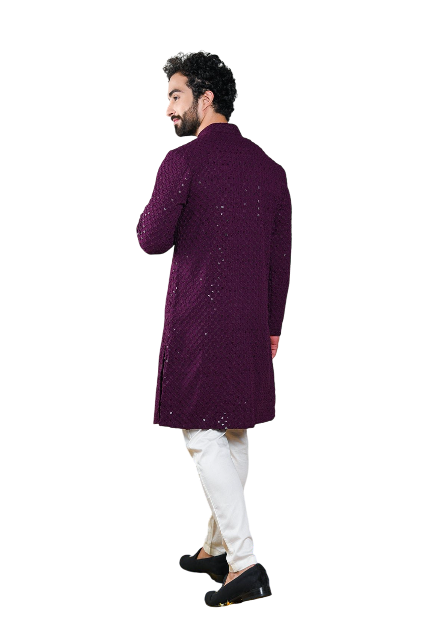 Aaryavar Men's Sequin Embellished Chikankari Kurta Only - Wine Color For Festival / Function
