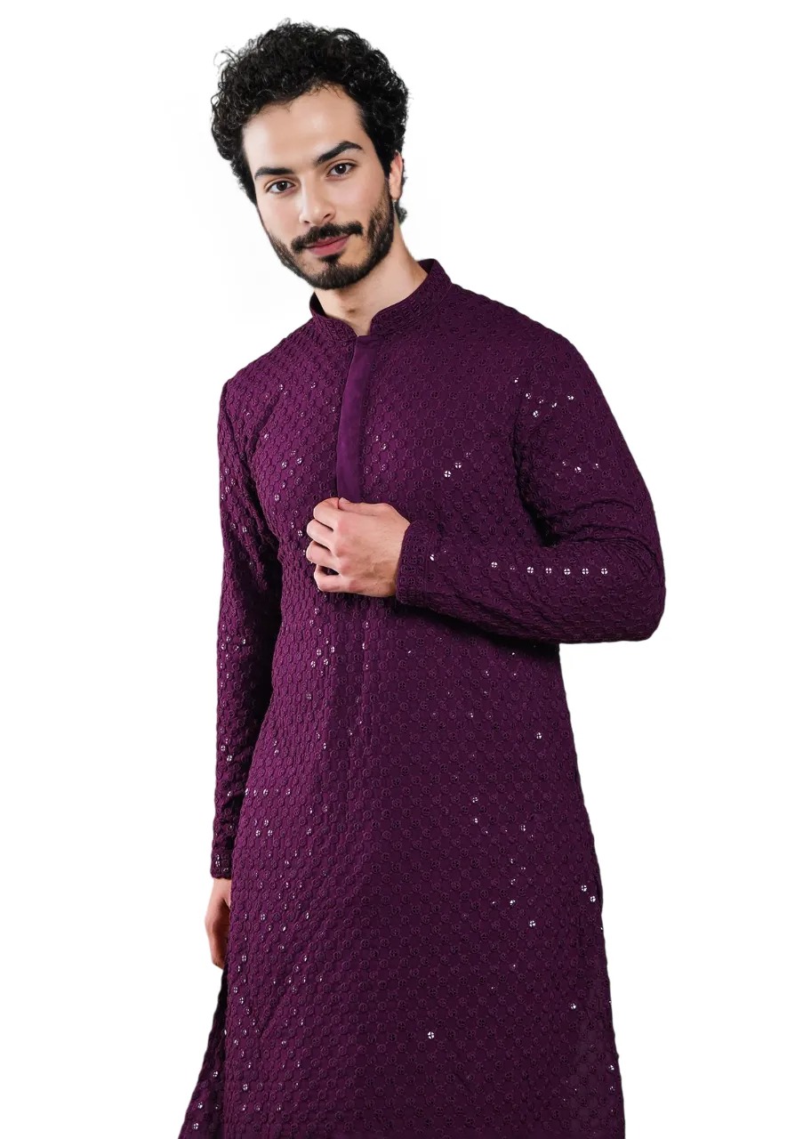 Aaryavar Men's Sequin Embellished Chikankari Kurta Only - Wine Color For Festival / Function