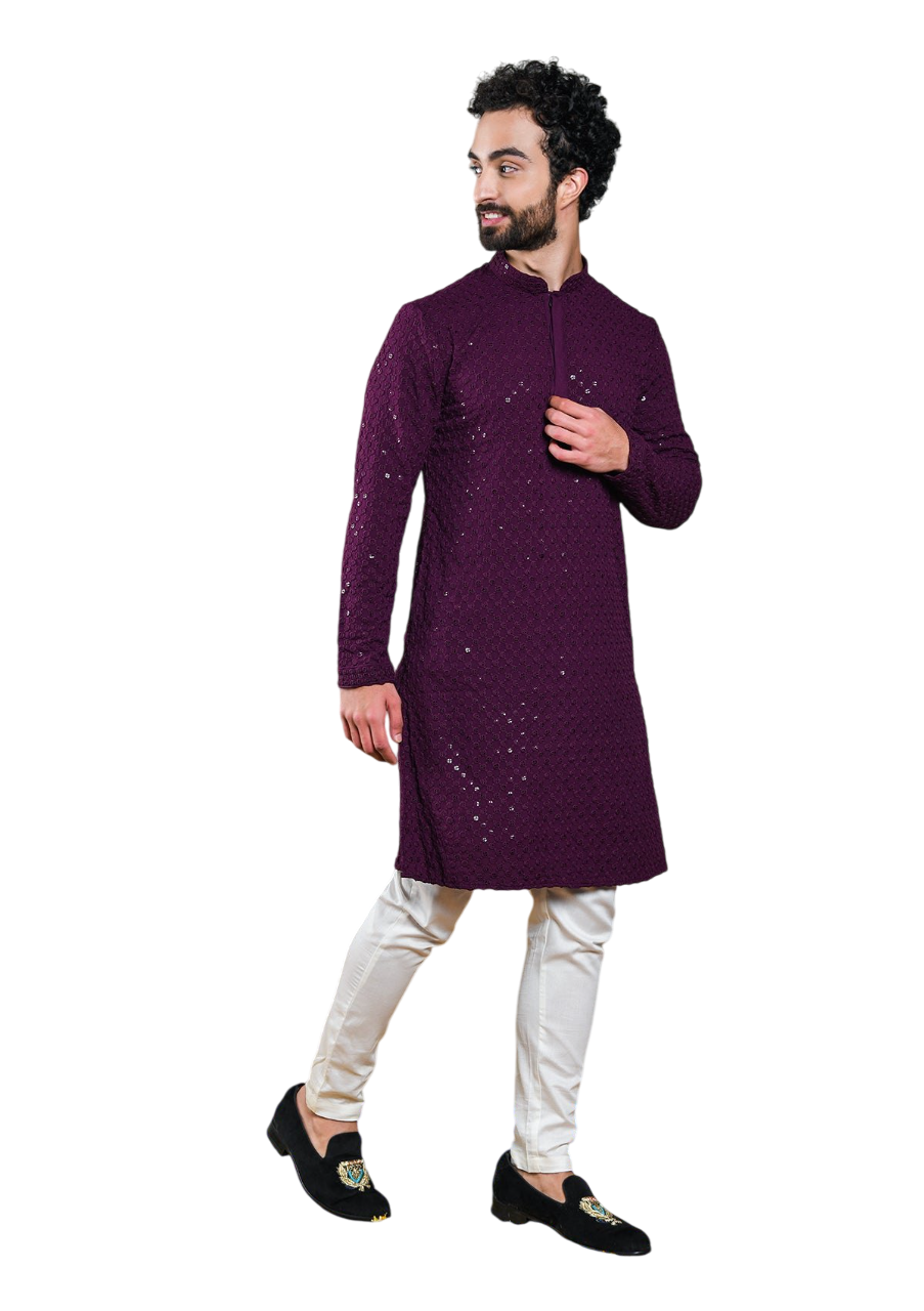 Aaryavar Men's Sequin Embellished Chikankari Kurta Only - Wine Color For Festival / Function