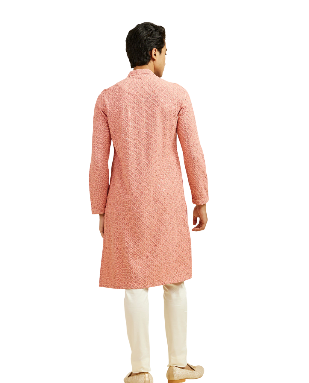 Aaryavar Men's Sequin Embellished Chikankari Kurta Only - Coral Peach Color For Festival / Function
