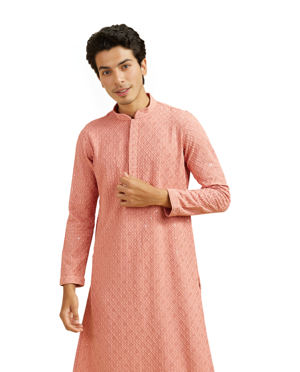 Aaryavar Men's Sequin Embellished Chikankari Kurta Only - Coral Peach Color For Festival / Function