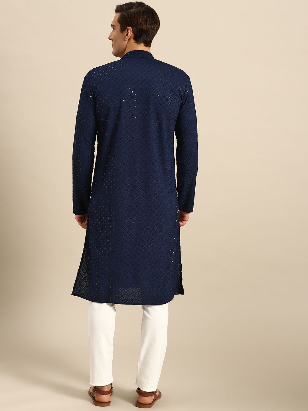 Aaryavar Men's Sequin Embellished Chikankari Kurta Only - Navy Blue Color For Festival / Function