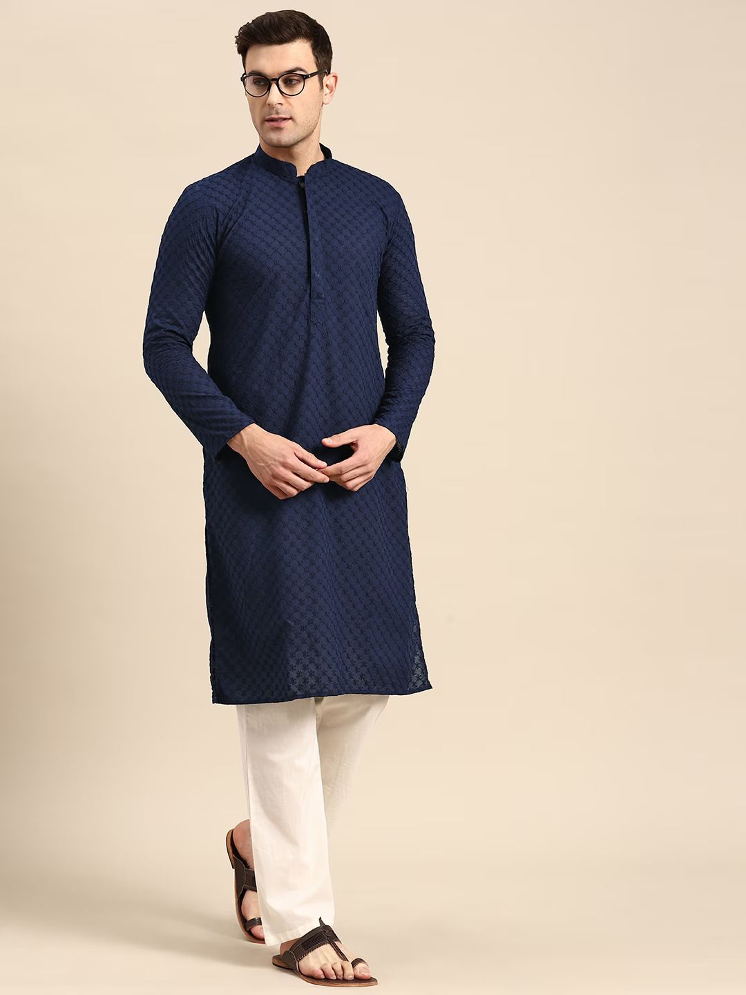 Aaryavar Men's Sequin Embellished Chikankari Kurta Only - Navy Blue Color For Festival / Function