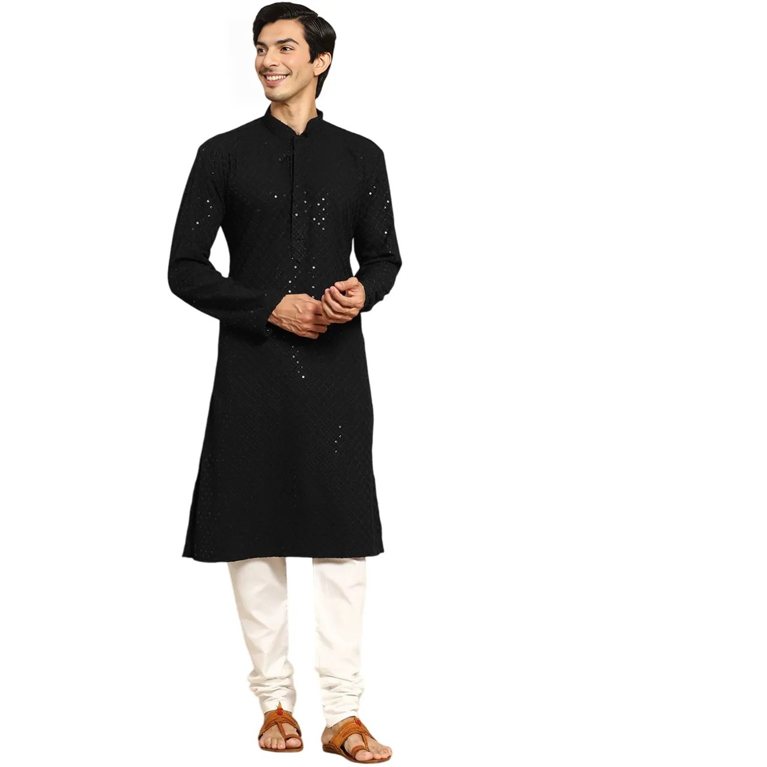 Aaryavar Men's Sequin Embellished Chikankari Kurta Only - Black Color For Festival / Function