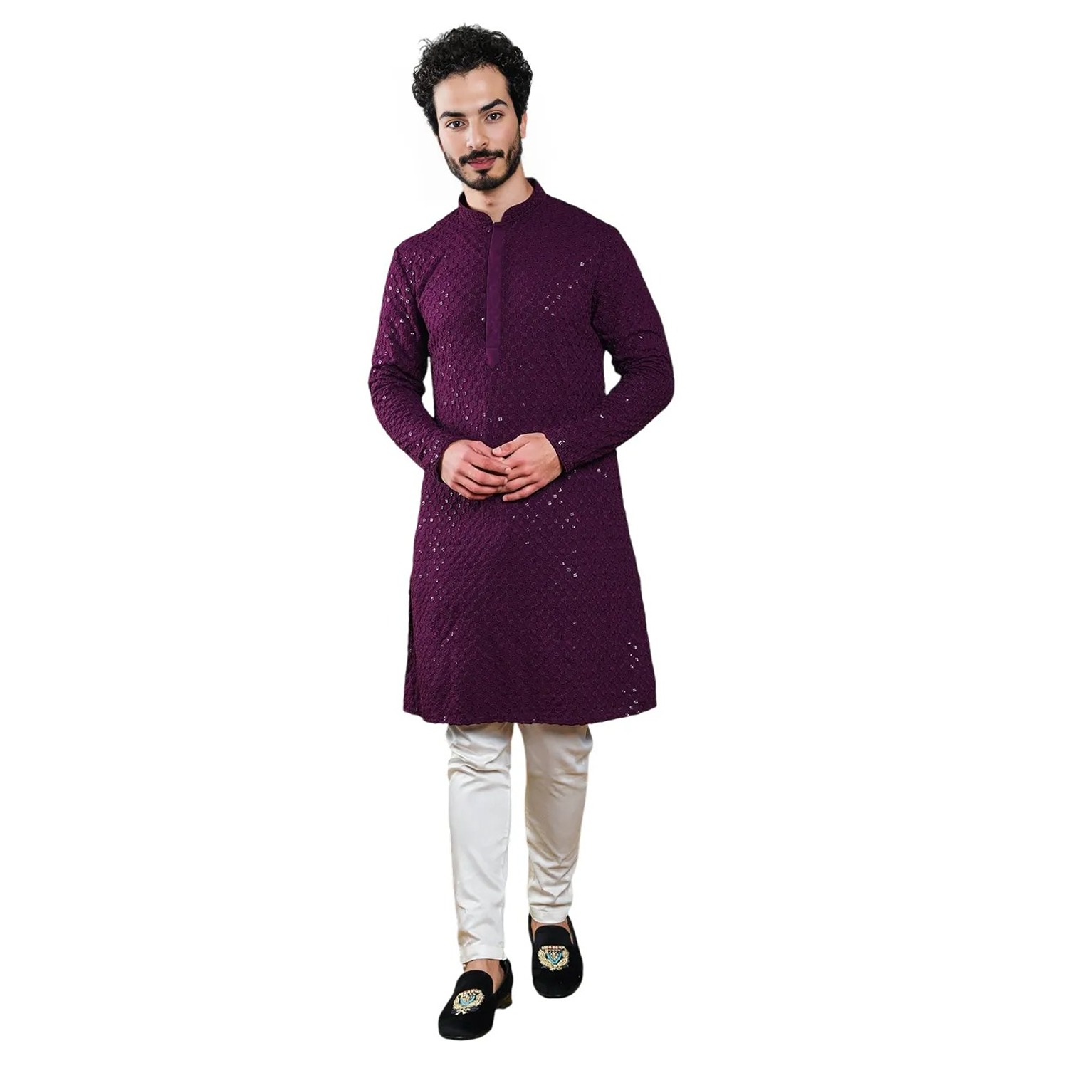 Aaryavar Men's Sequin Embellished Chikankari Kurta Only - Wine Color For Festival / Function