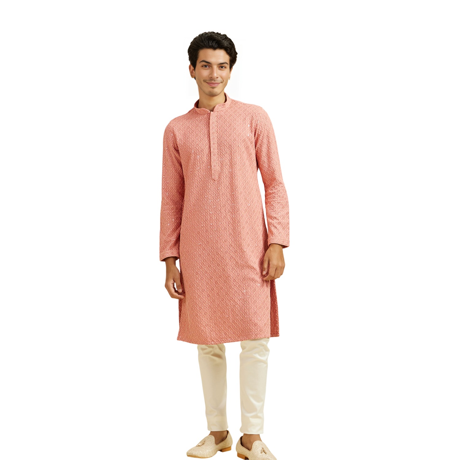Aaryavar Men's Sequin Embellished Chikankari Kurta Only - Coral Peach Color For Festival / Function