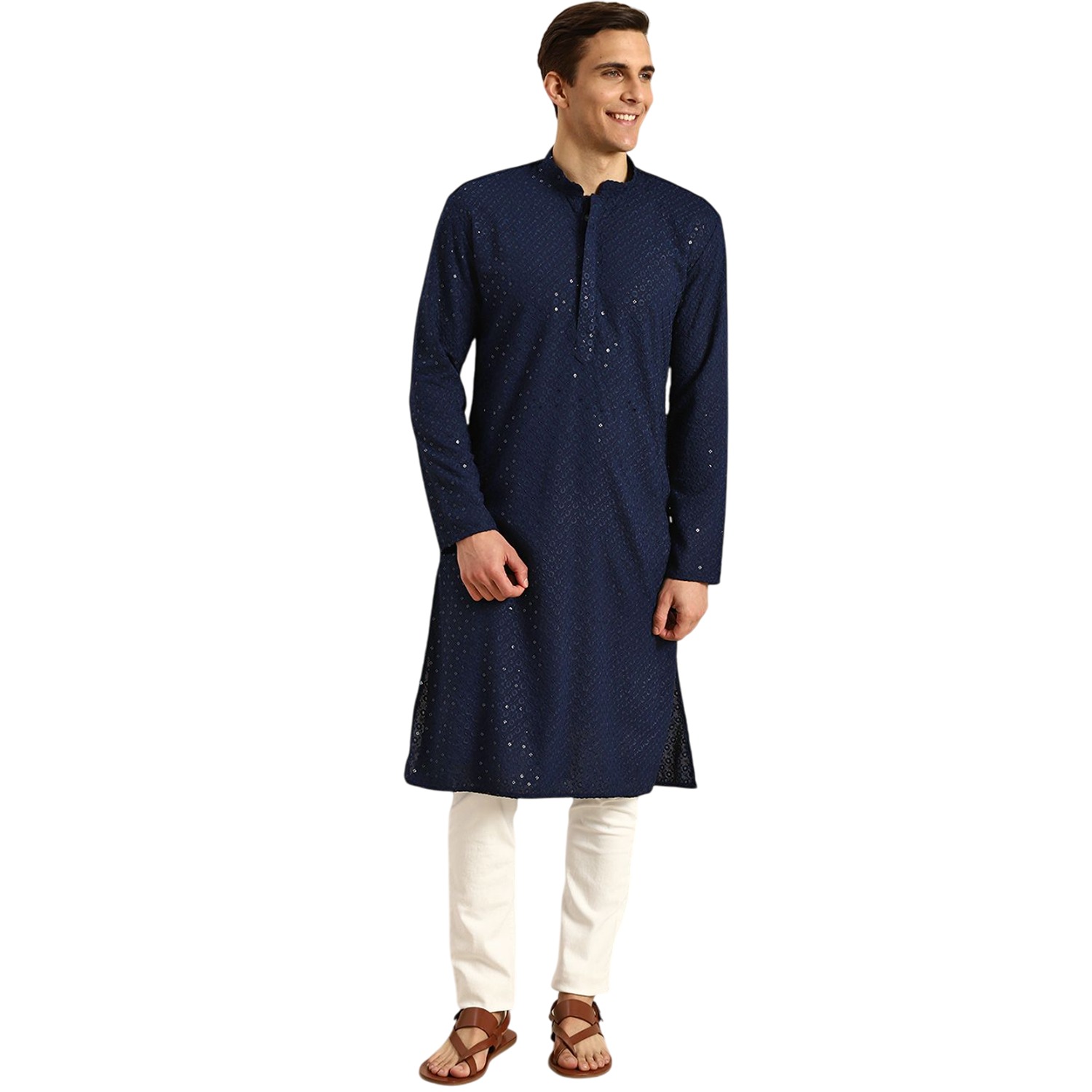 Aaryavar Men's Sequin Embellished Chikankari Kurta Only - Navy Blue Color For Festival / Function