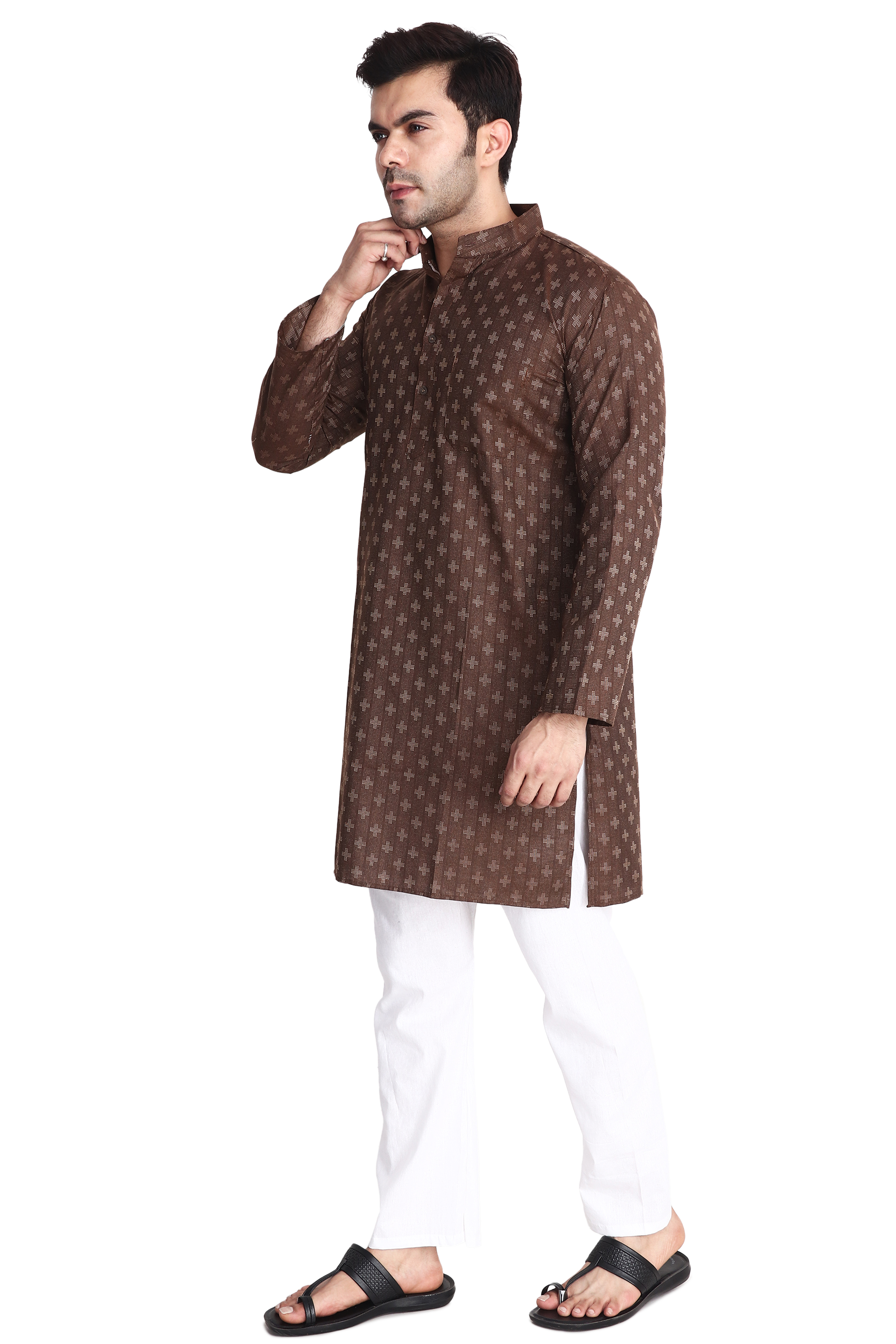 Aaryavar Men's Embroidered Premium Cotton Kurta - Brown Color