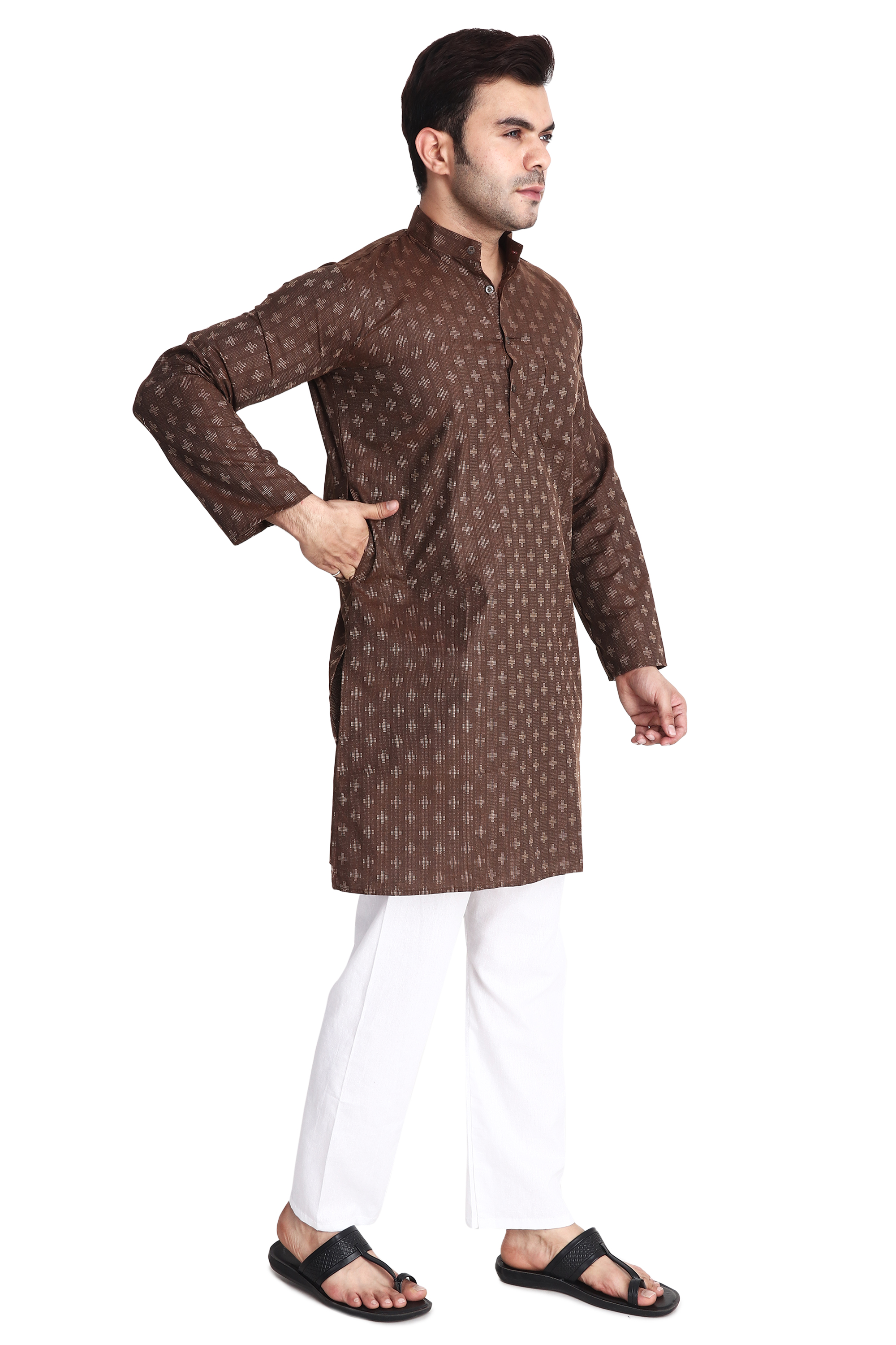 Aaryavar Men's Embroidered Premium Cotton Kurta - Brown Color