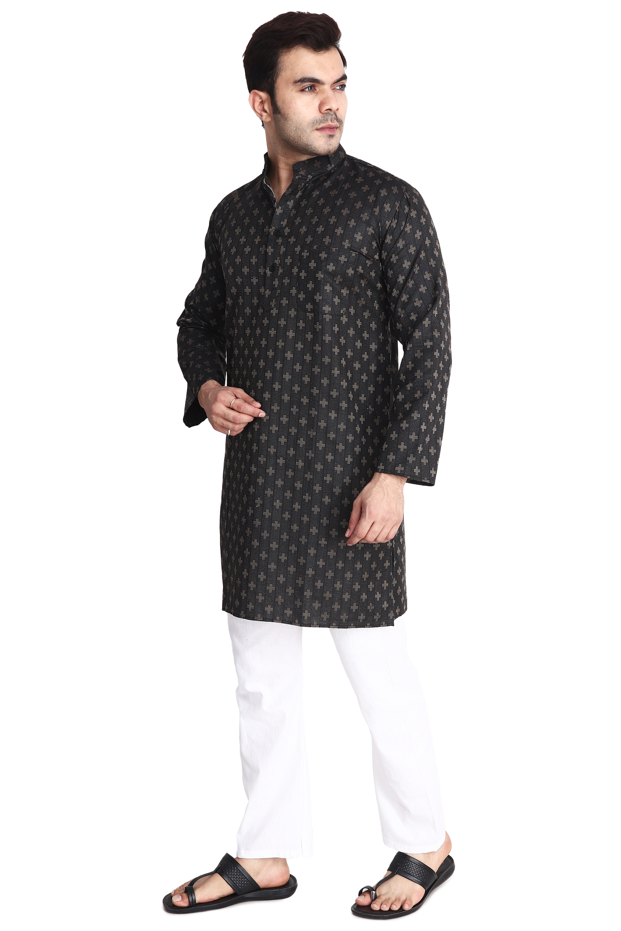 Aaryavar Men's Embroidered Premium Cotton Kurta - Black Color