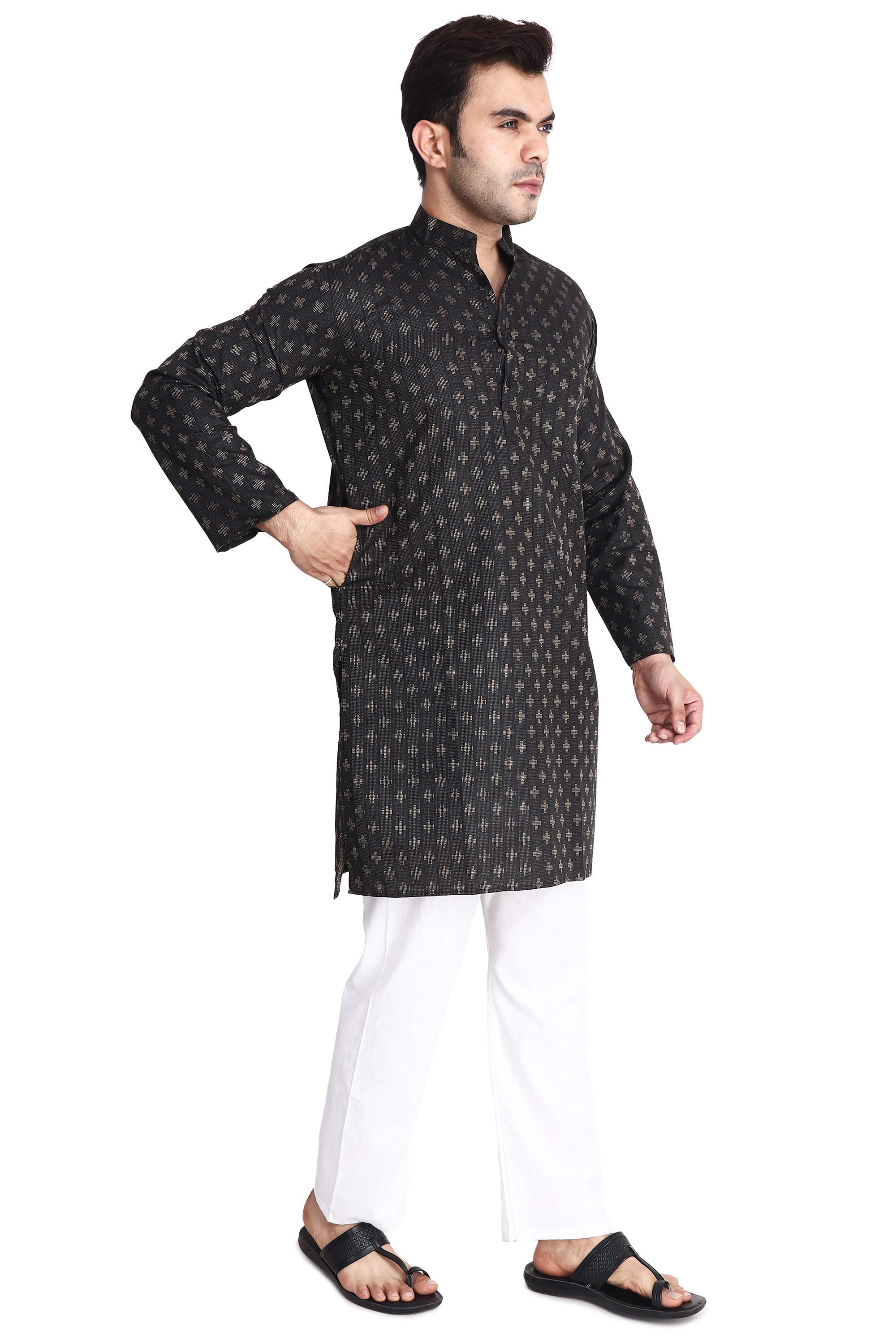 Aaryavar Men's Embroidered Premium Cotton Kurta - Black Color