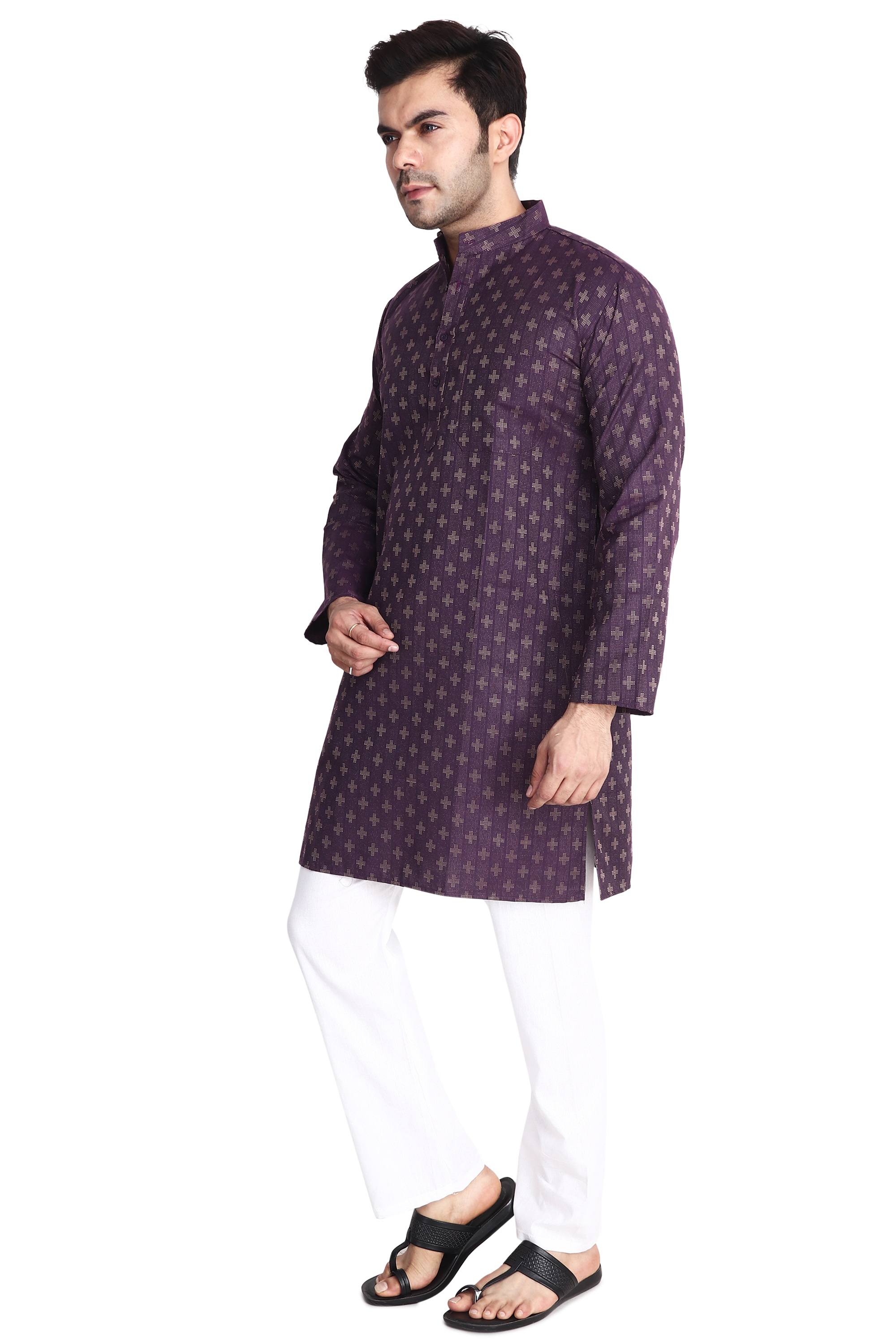 Aaryavar Men's Embroidered Premium Cotton Kurta - Purple Color