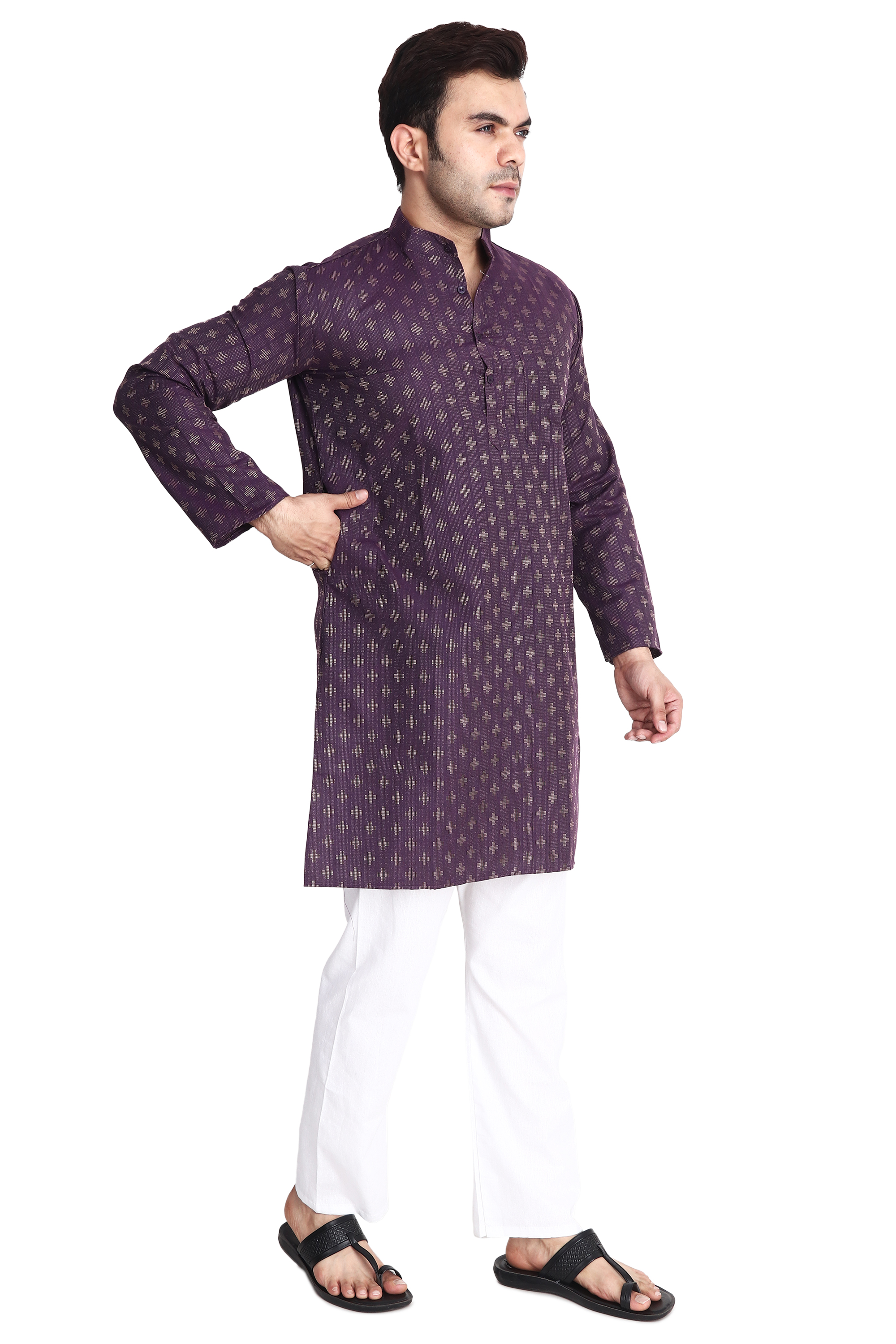 Aaryavar Men's Embroidered Premium Cotton Kurta - Purple Color