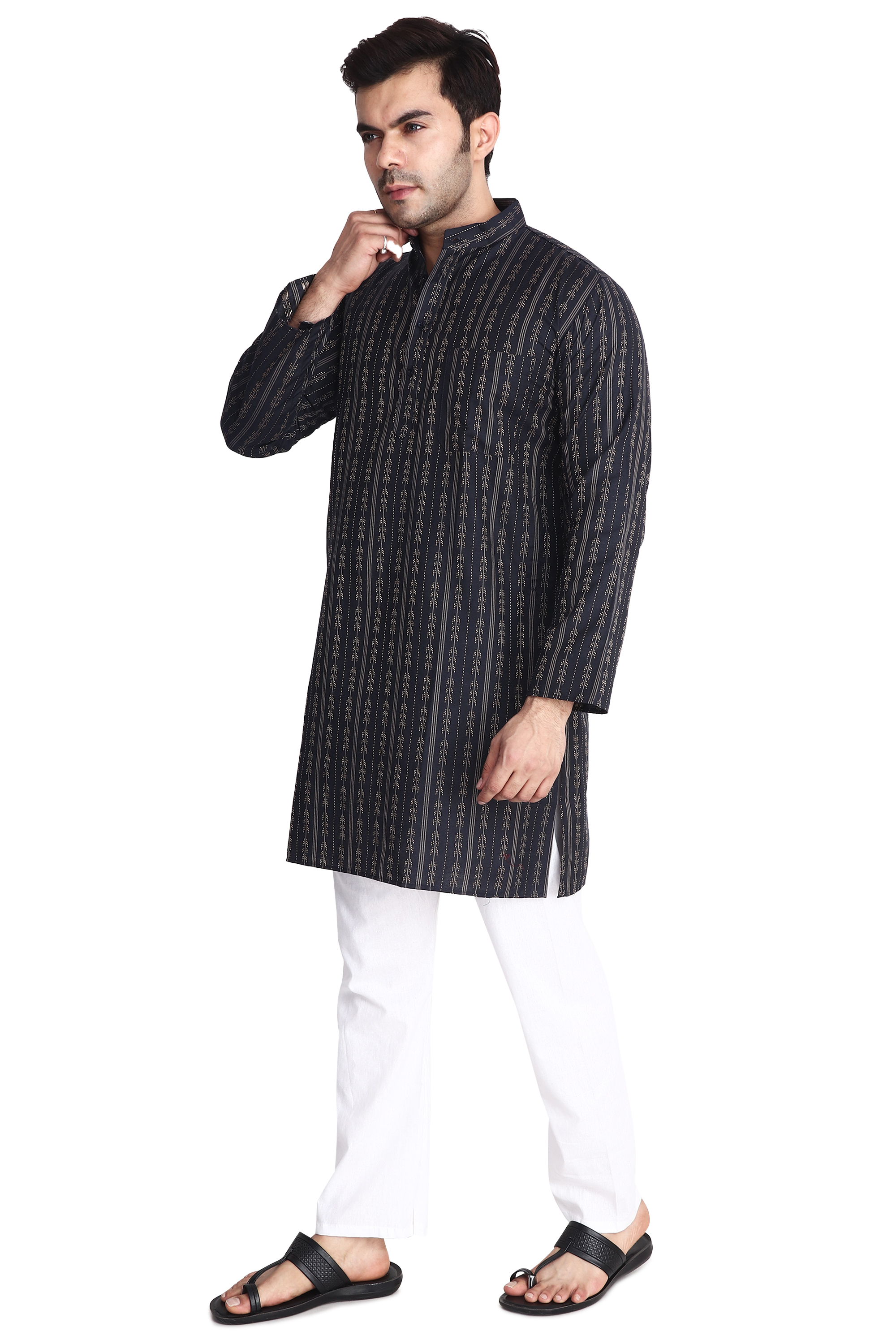 Aaryavar Men's Embroidered Premium Cotton - Arrow Design Kurta - Black Color