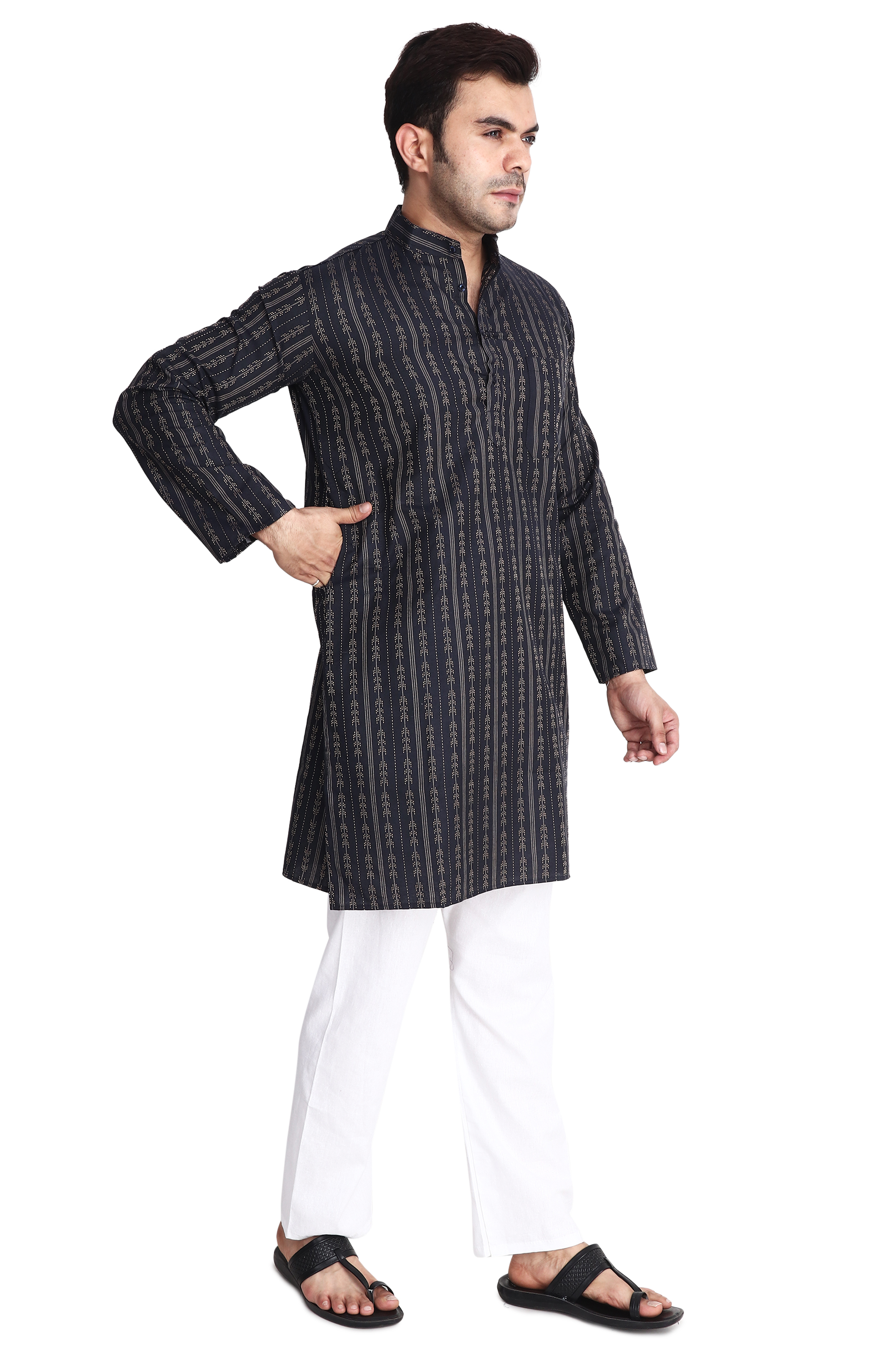 Aaryavar Men's Embroidered Premium Cotton - Arrow Design Kurta - Black Color