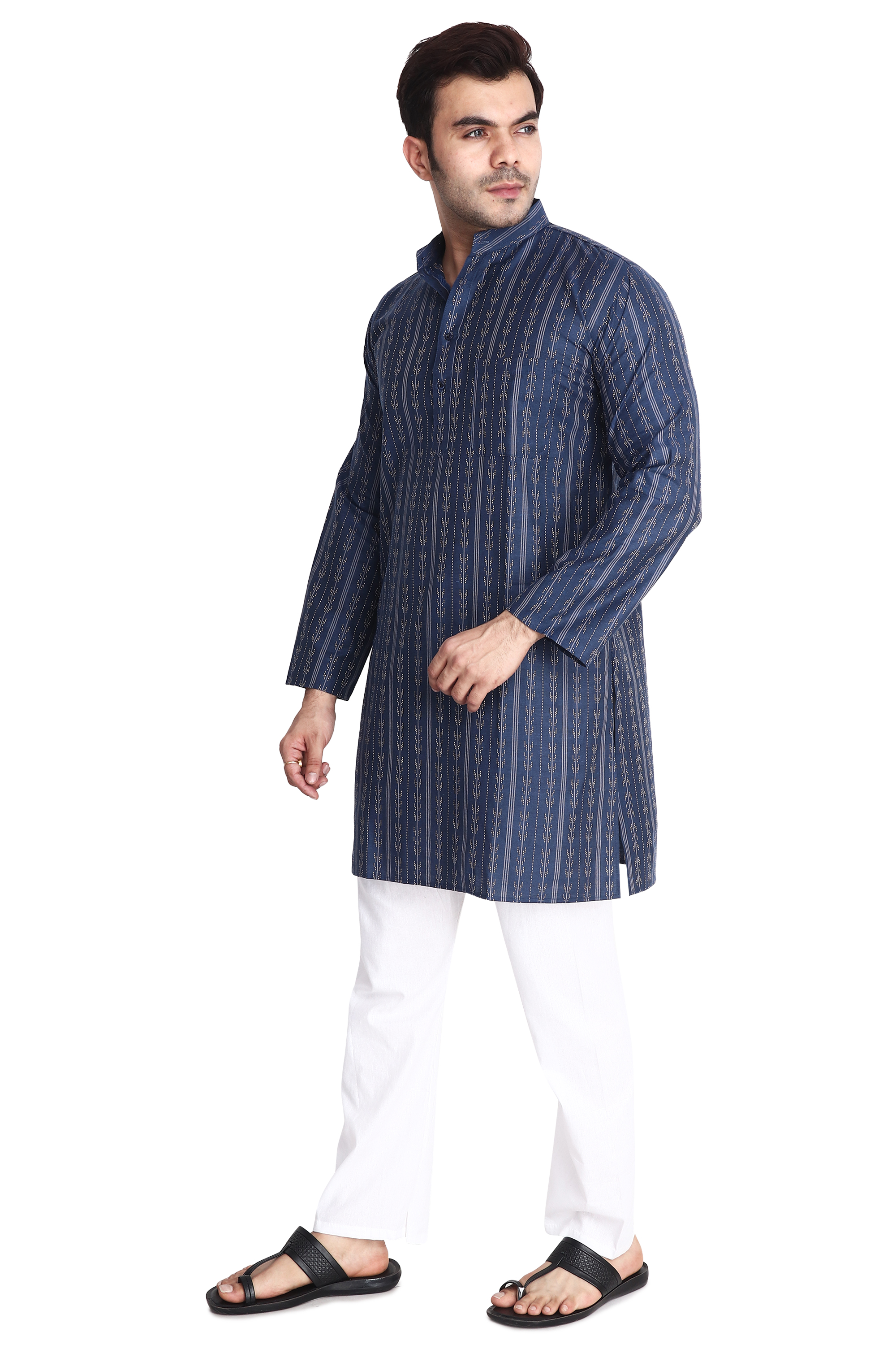 Aaryavar Men's Embroidered Premium Cotton - Arrow Design Kurta - Navy Blue Color