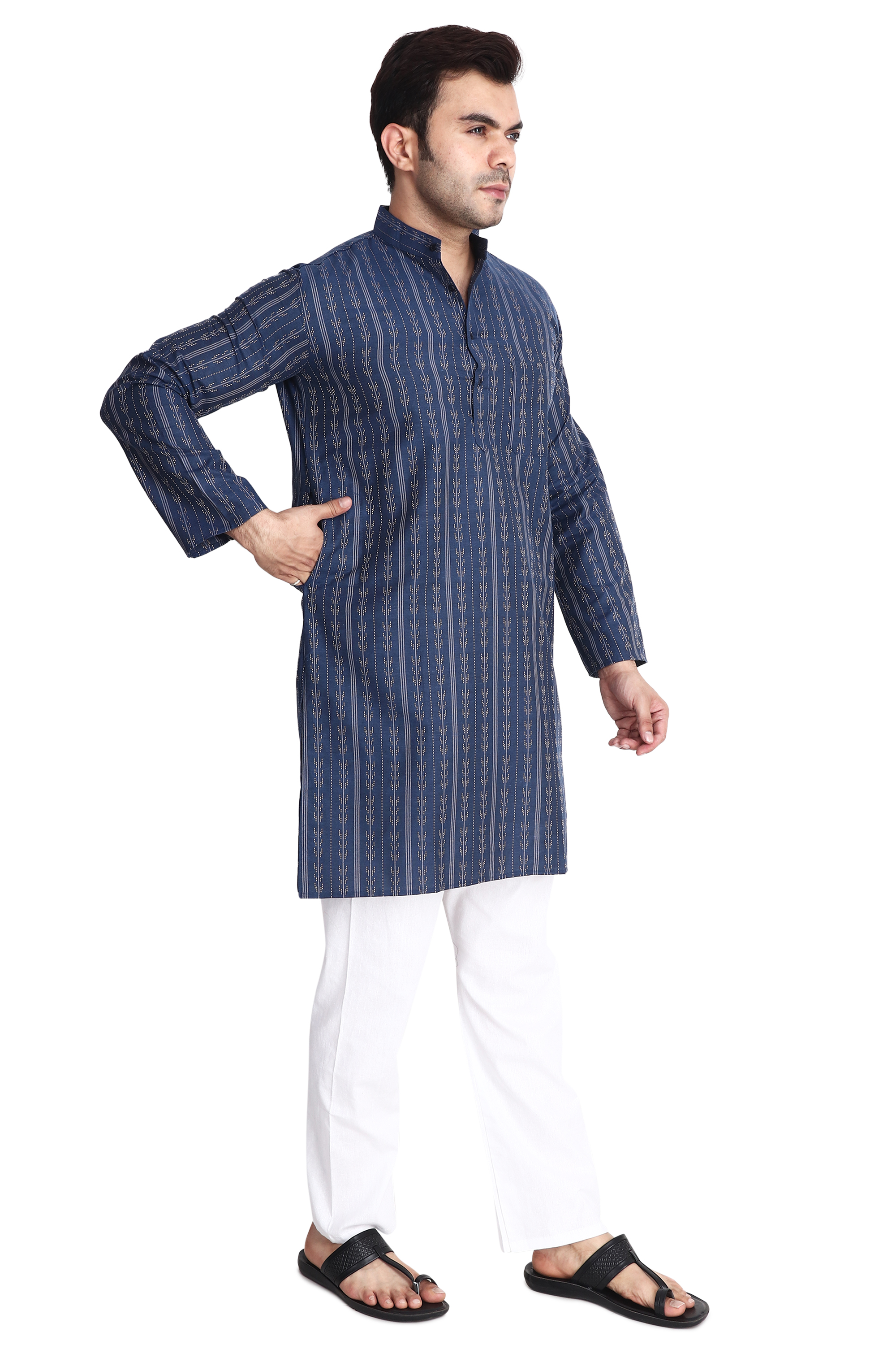 Aaryavar Men's Embroidered Premium Cotton - Arrow Design Kurta - Navy Blue Color