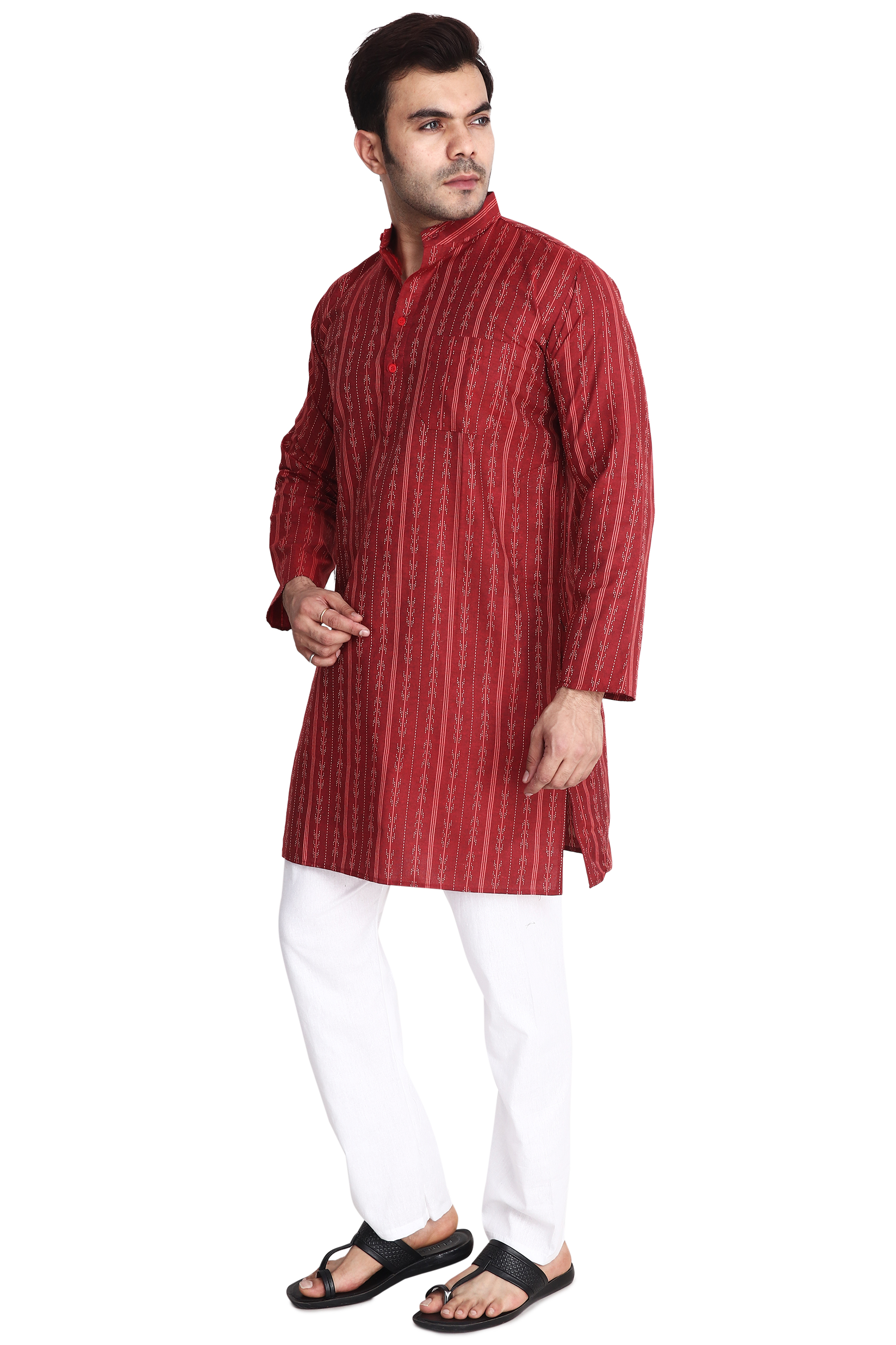 Aaryavar Men's Embroidered Premium Cotton - Arrow Design Kurta - Red Color