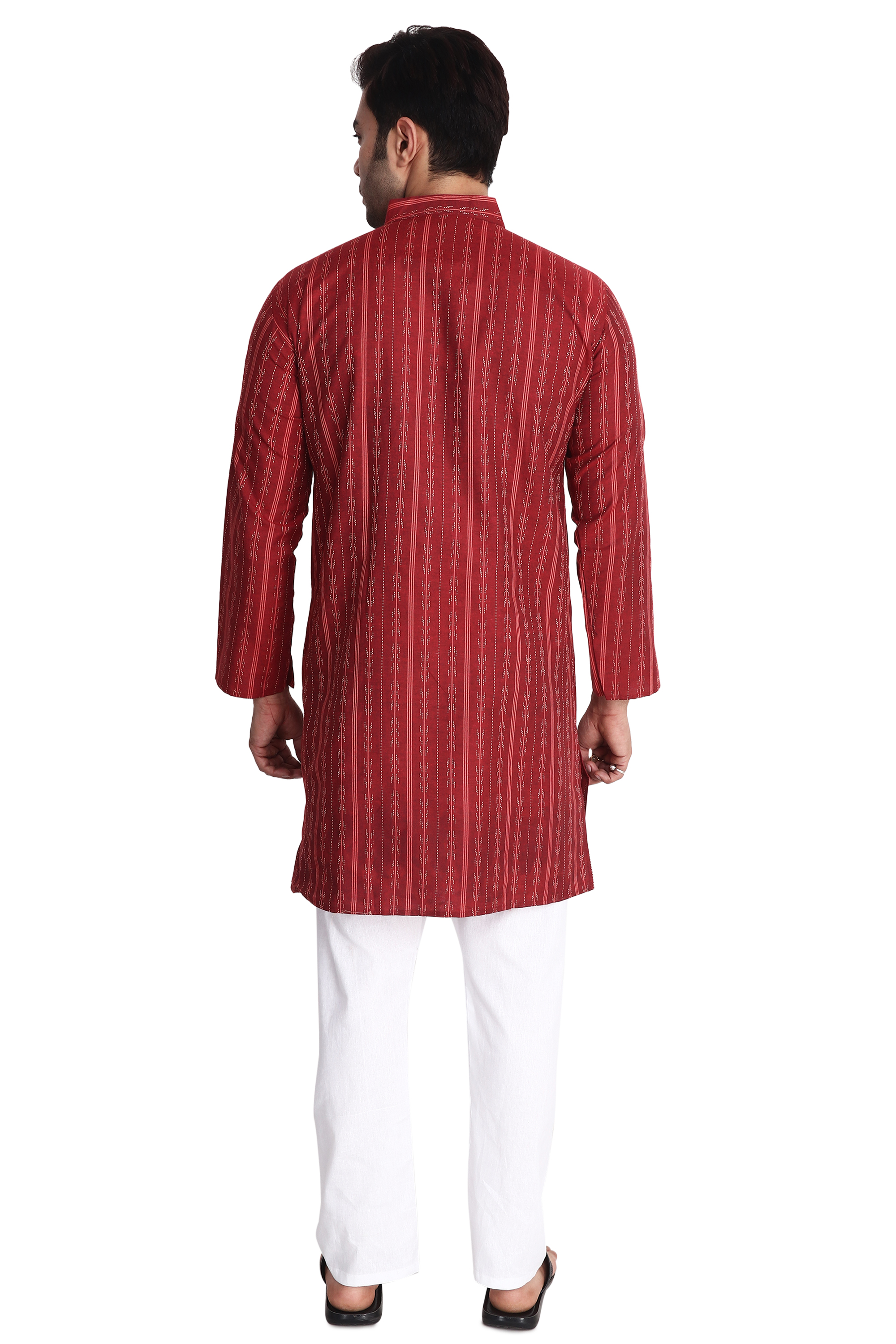 Aaryavar Men's Embroidered Premium Cotton - Arrow Design Kurta - Red Color