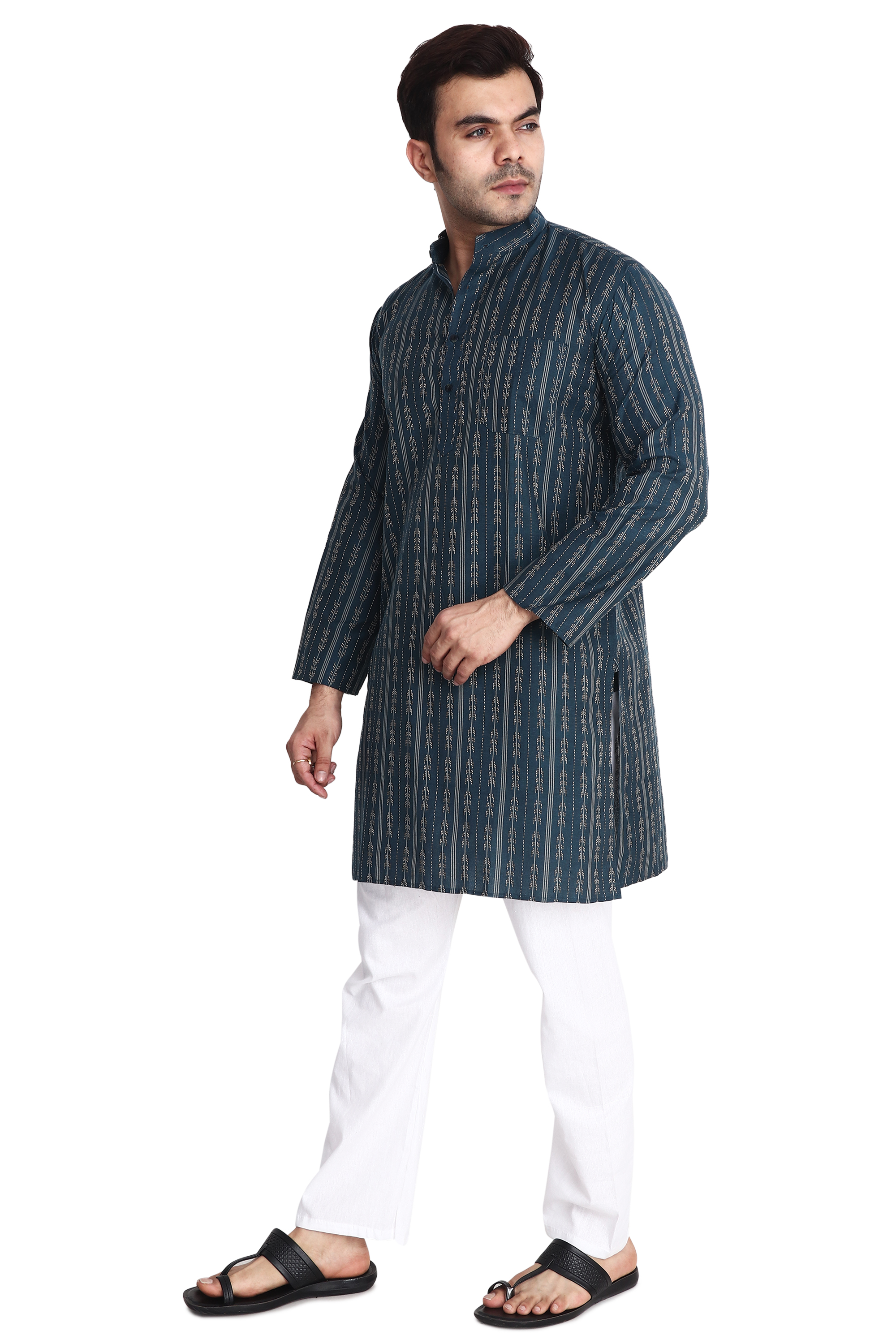 Aaryavar Men's Embroidered Premium Cotton - Arrow Design Kurta - Turkish Blue Color