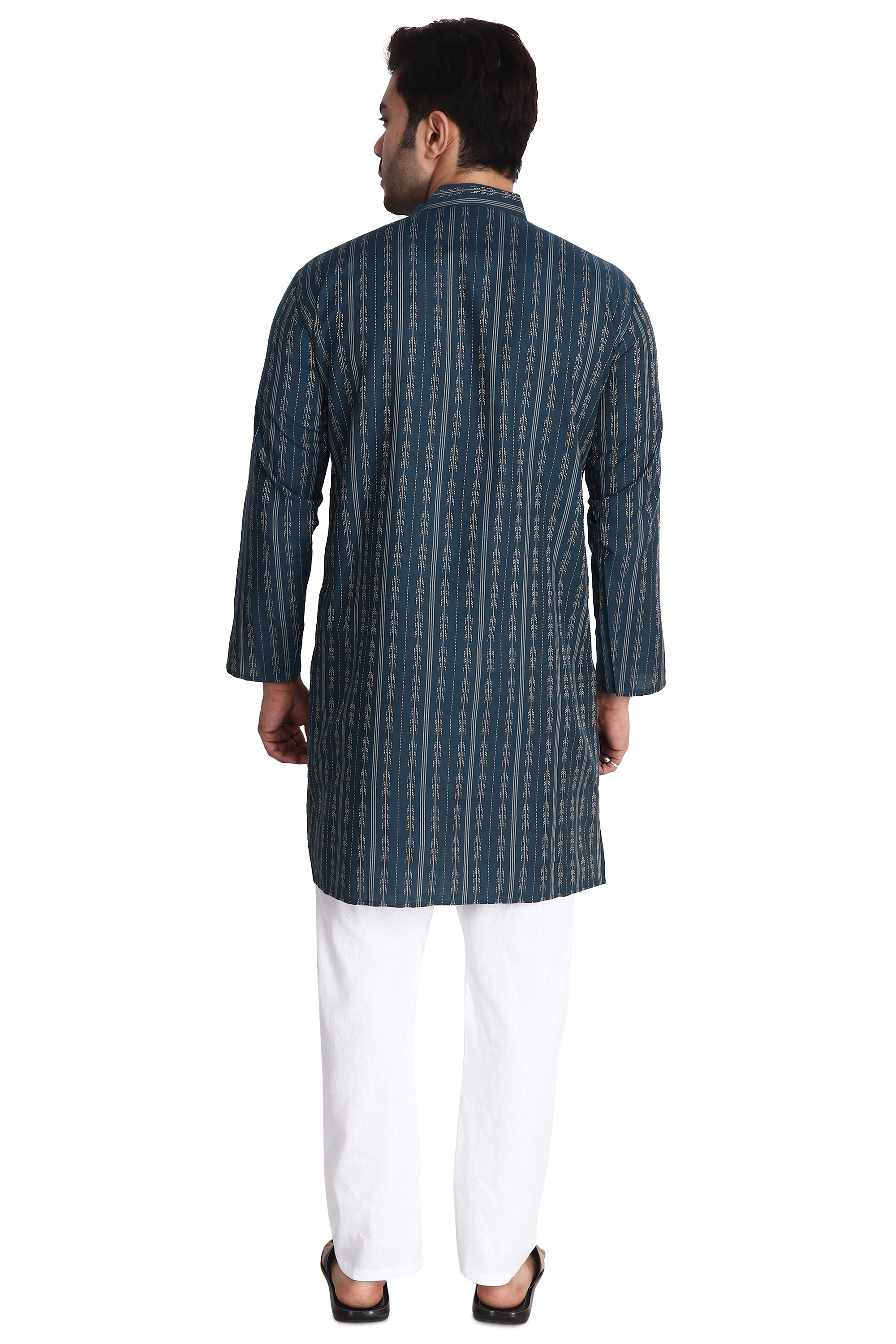 Aaryavar Men's Embroidered Premium Cotton - Arrow Design Kurta - Turkish Blue Color