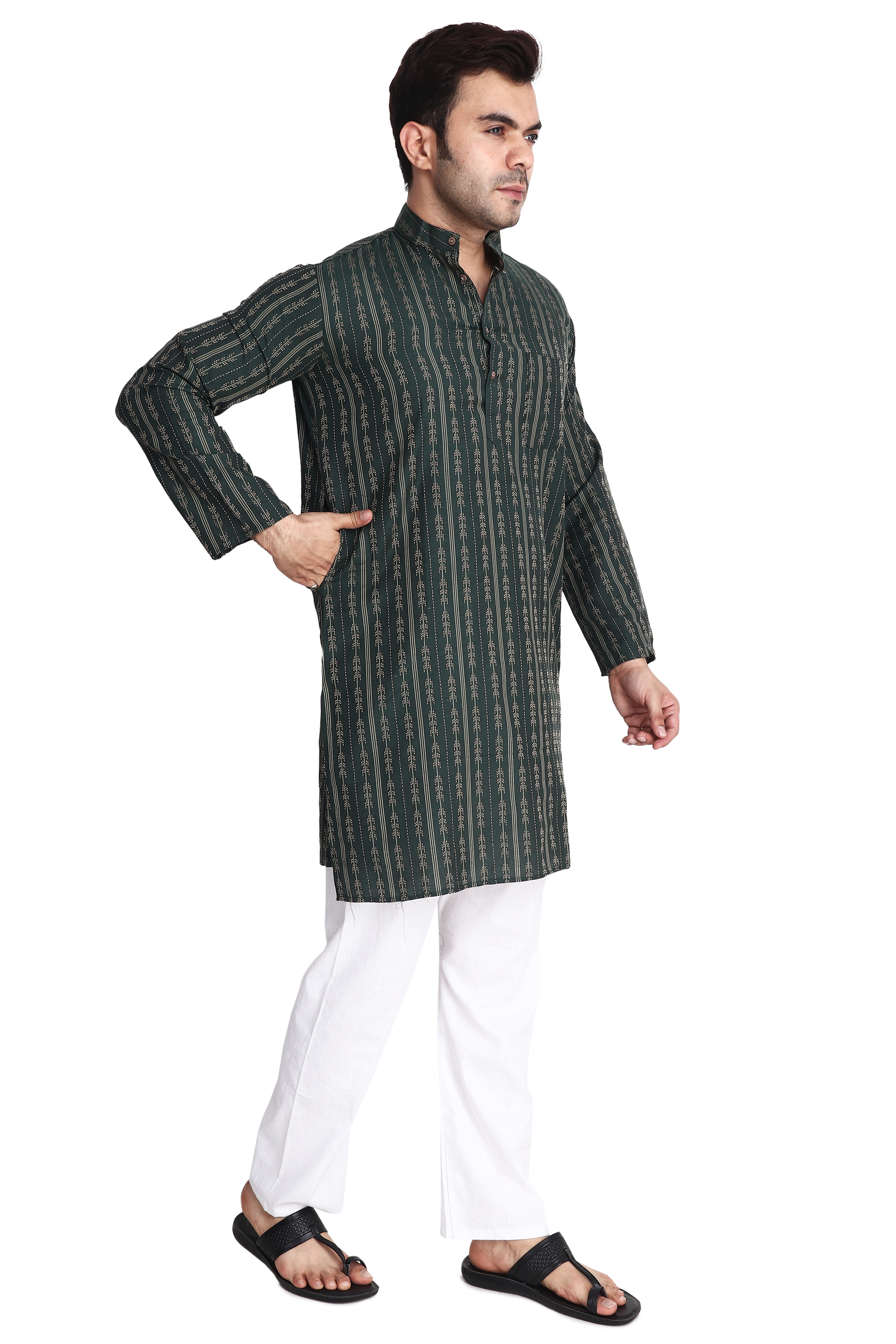 Aaryavar Men's Embroidered Premium Cotton - Arrow Design Kurta - Dark Green Color