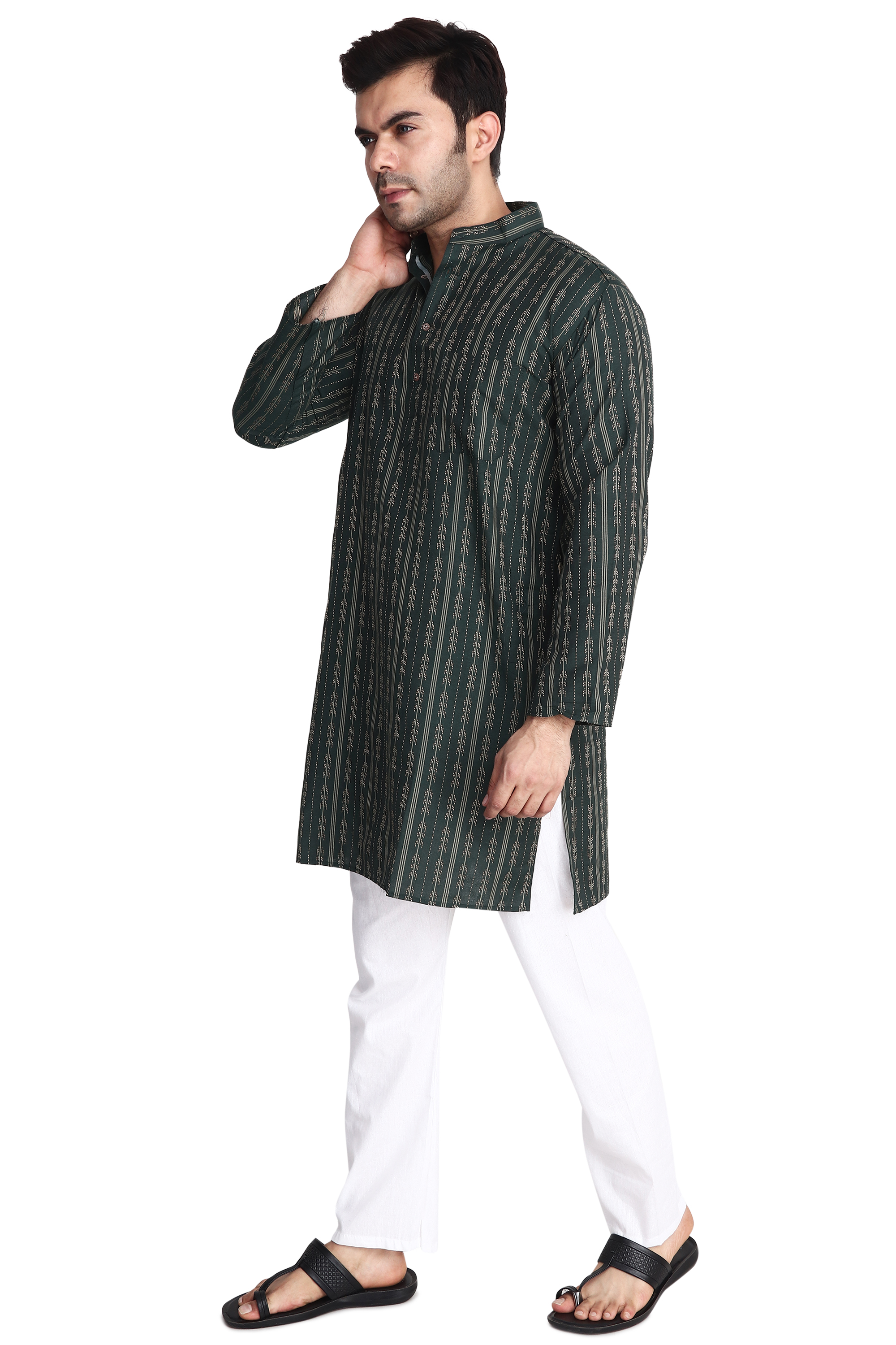 Aaryavar Men's Embroidered Premium Cotton - Arrow Design Kurta - Dark Green Color