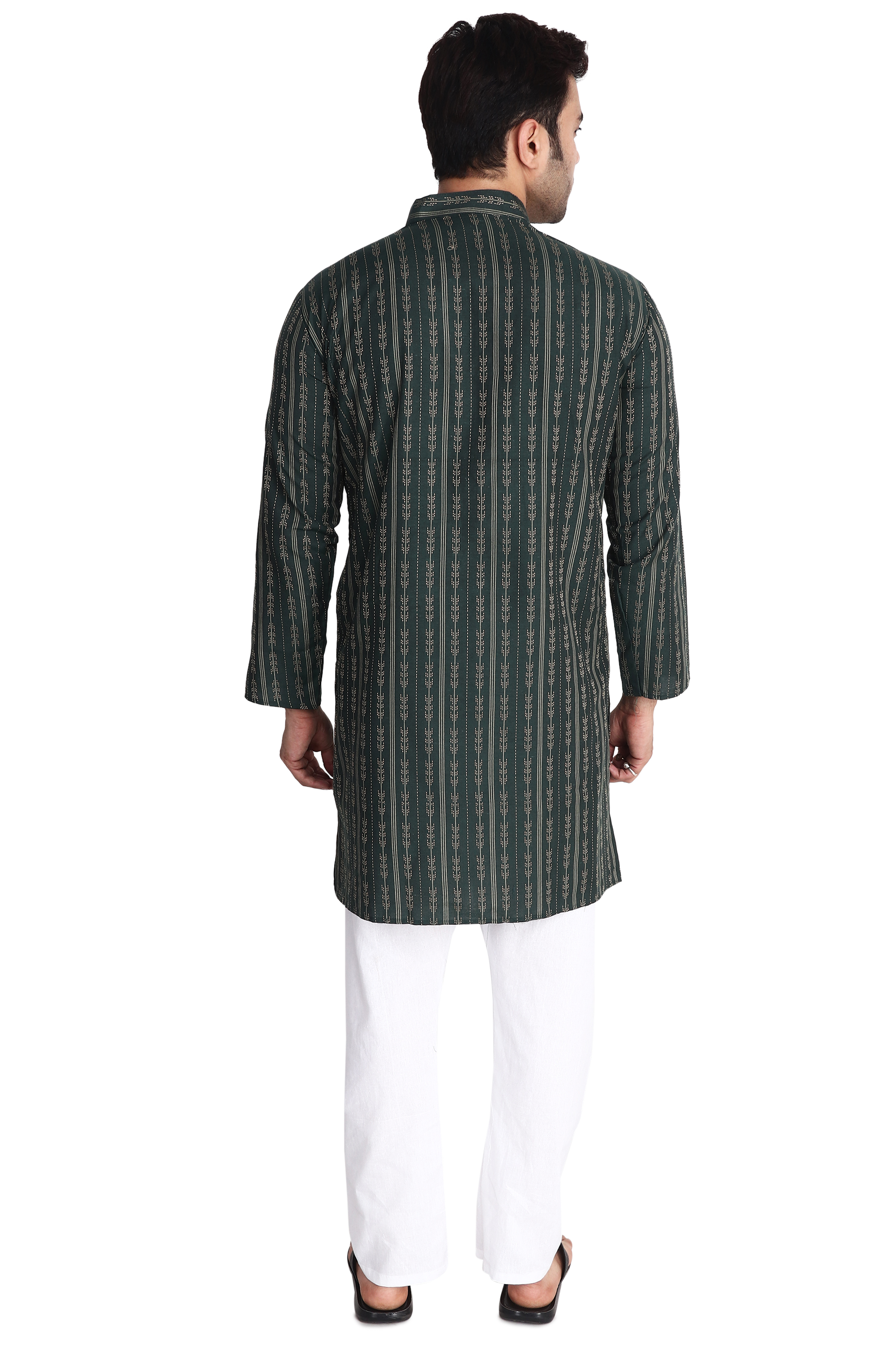 Aaryavar Men's Embroidered Premium Cotton - Arrow Design Kurta - Dark Green Color