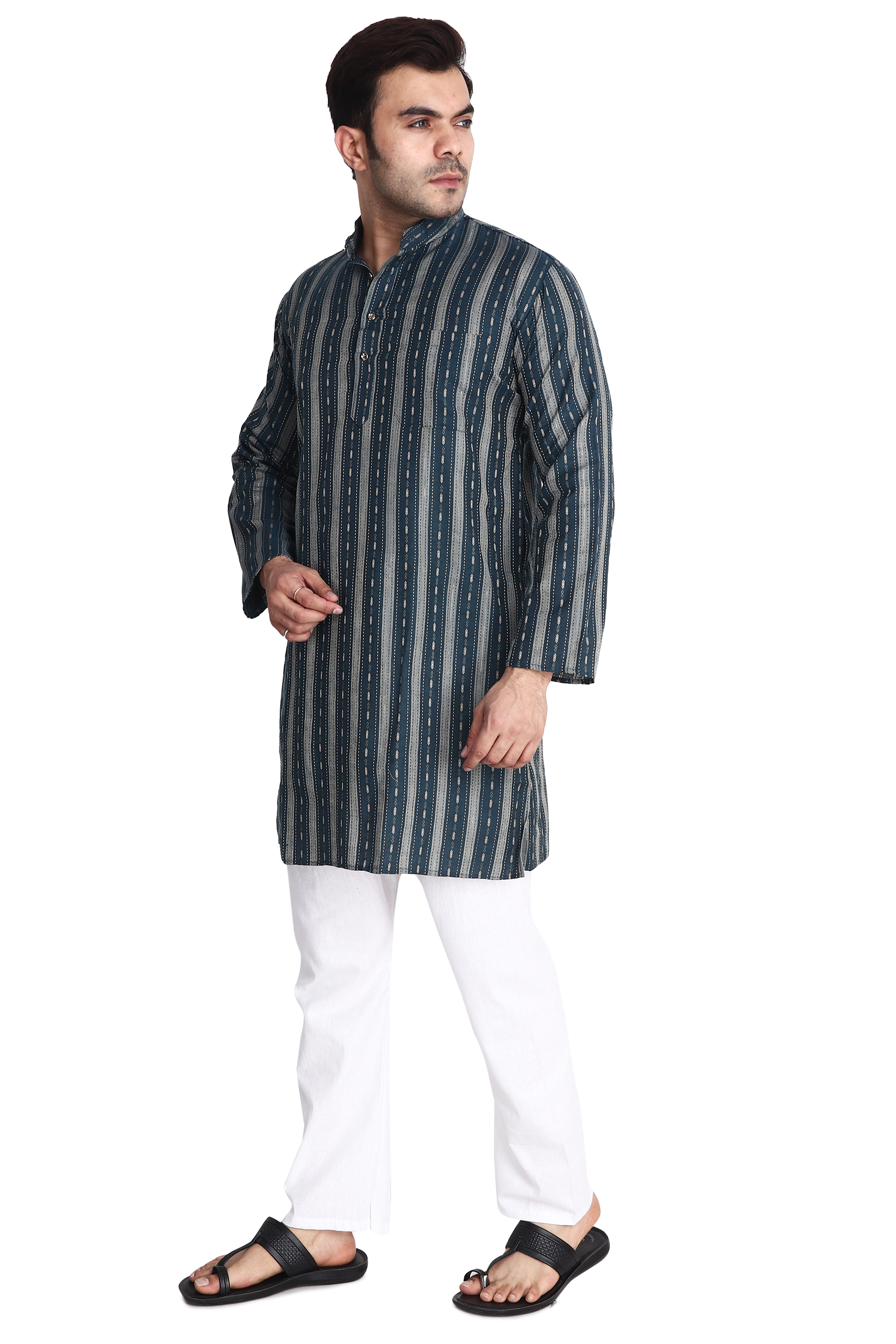 Aaryavar Men's Embroidered Premium Cotton - Motif Design Kurta - Teal Blue Color