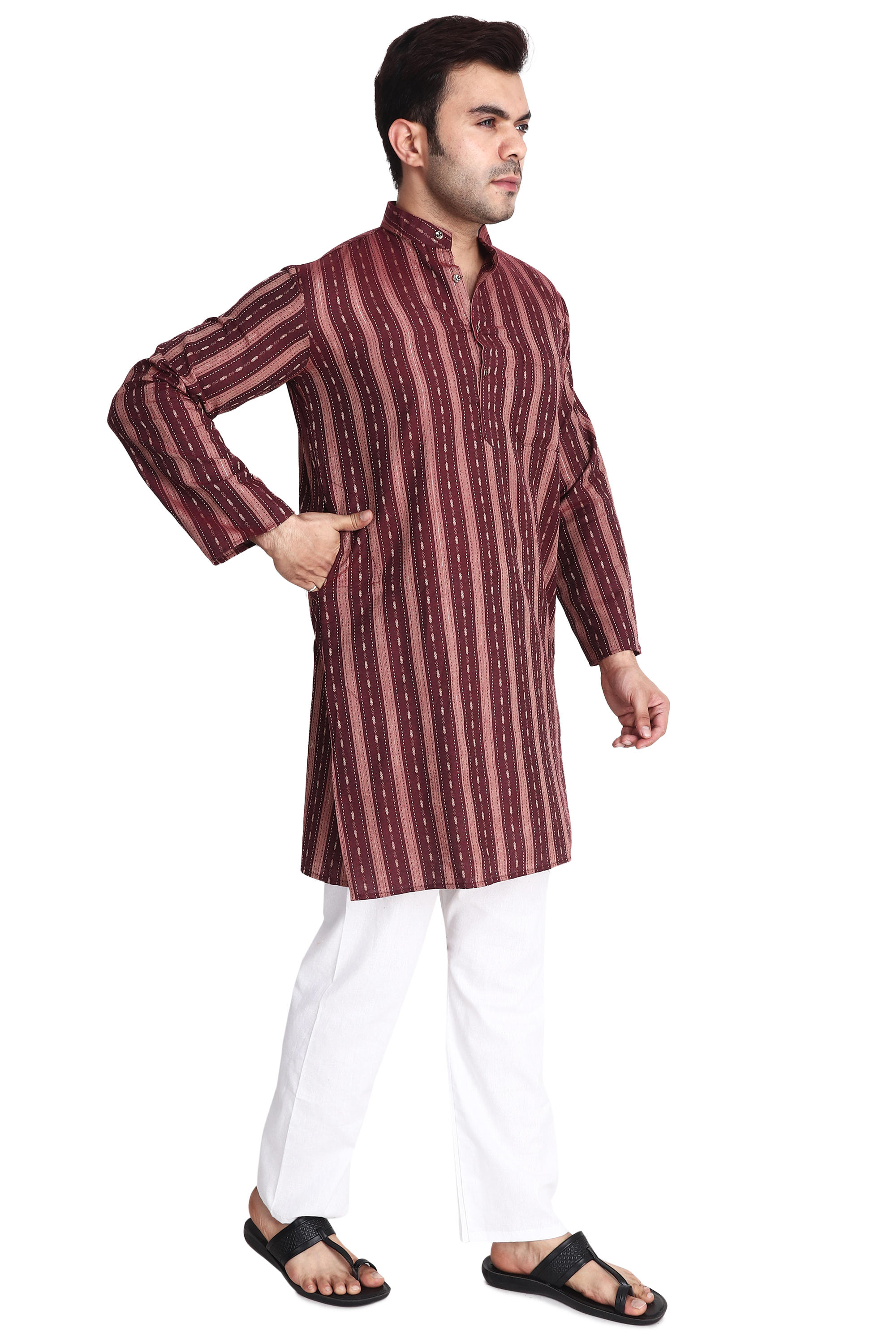 Aaryavar Men's Embroidered Premium Cotton - Motif Design Kurta - Maroon Color