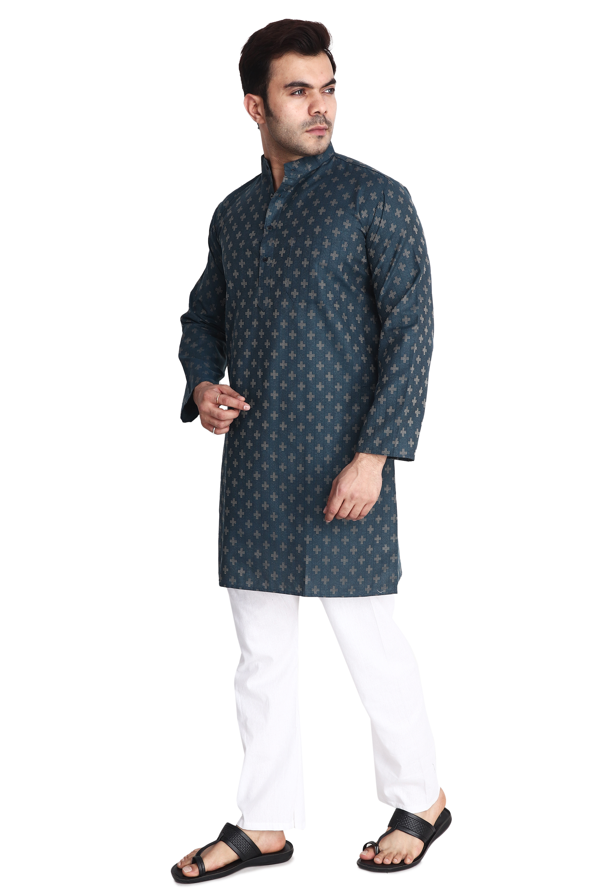 Aaryavar Men's Embroidered Premium Cotton Kurta - Teal Blue Color