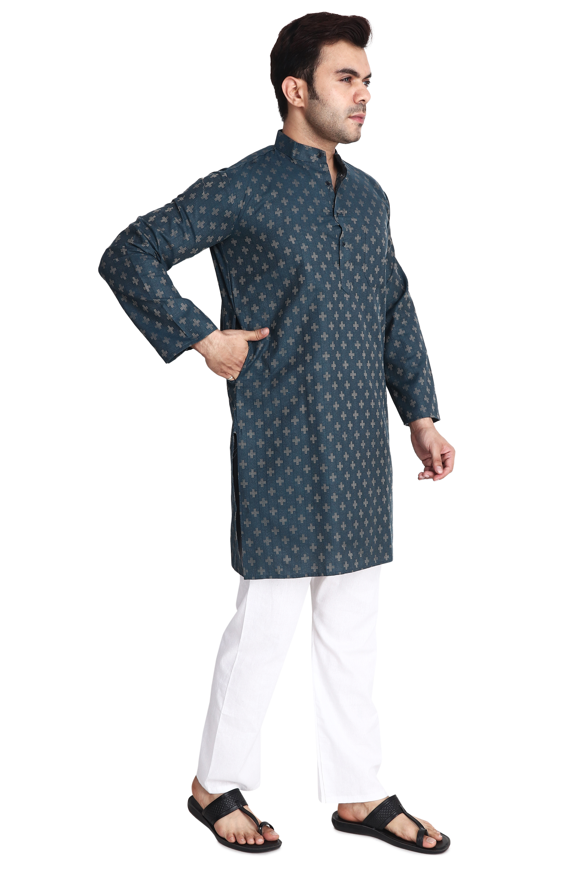 Aaryavar Men's Embroidered Premium Cotton Kurta - Teal Blue Color