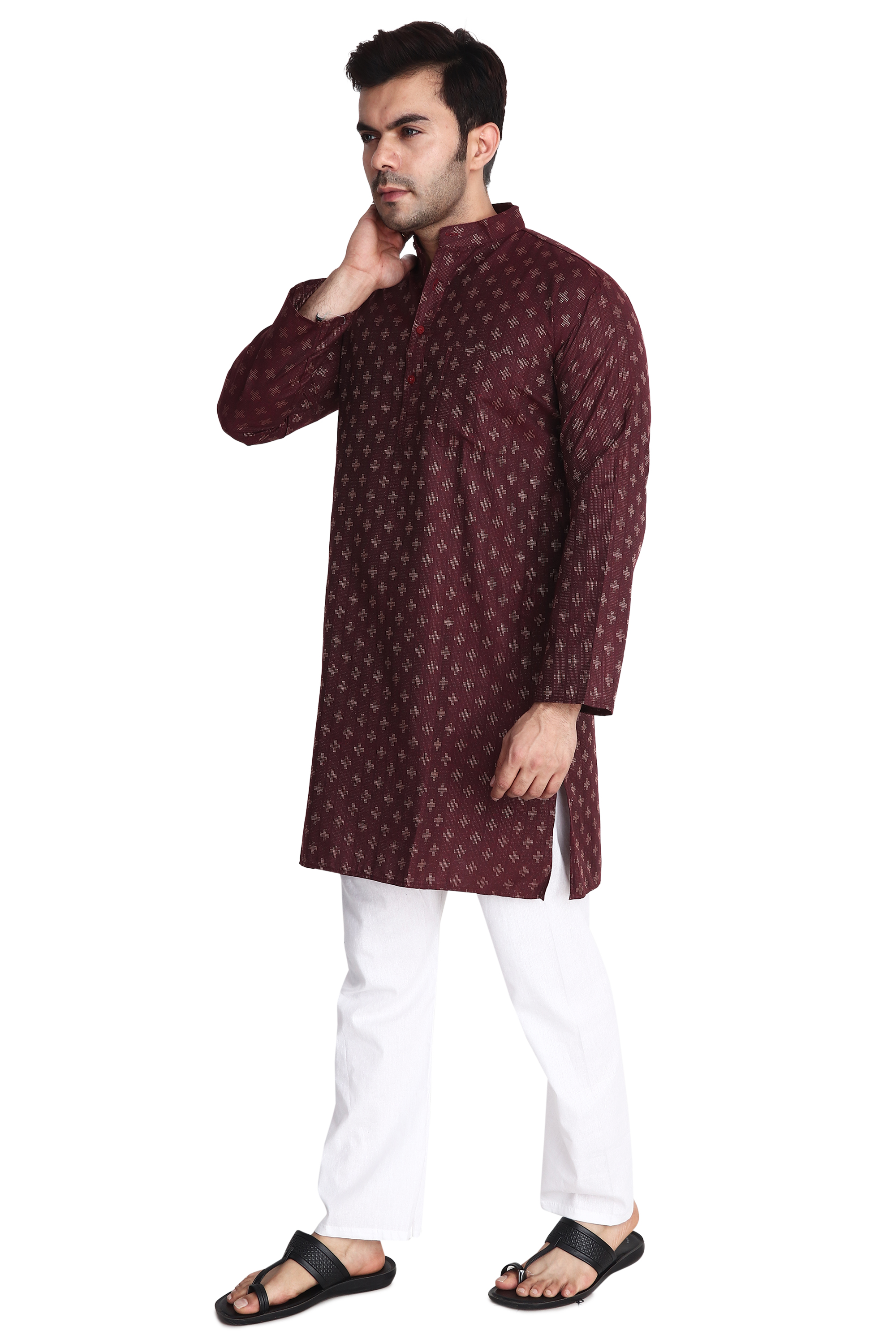 Aaryavar Men's Embroidered Premium Cotton Kurta - Maroon Color