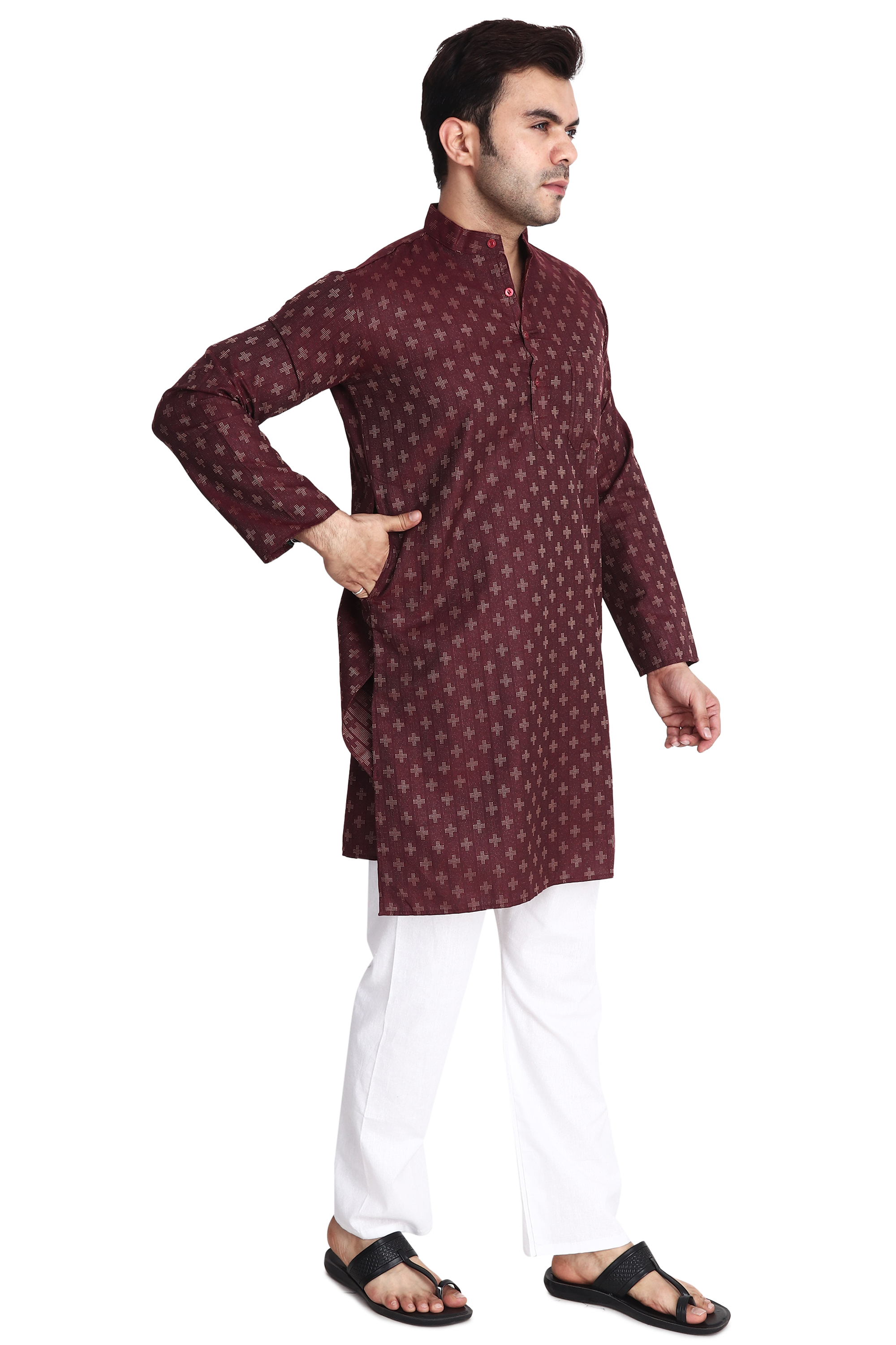 Aaryavar Men's Embroidered Premium Cotton Kurta - Maroon Color