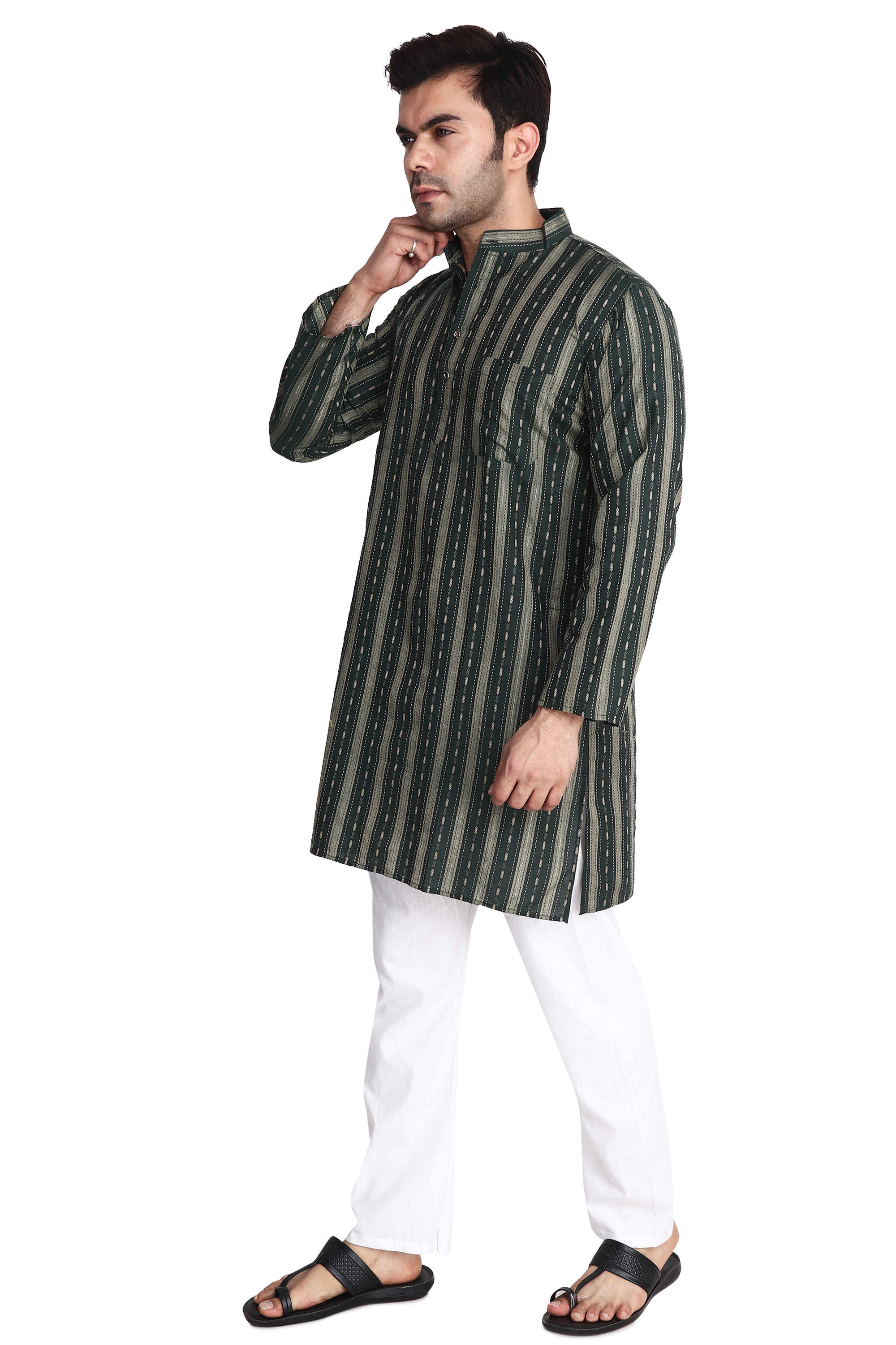 Aaryavar Men's Embroidered Premium Cotton - Motif Design Kurta - Dark Green Color