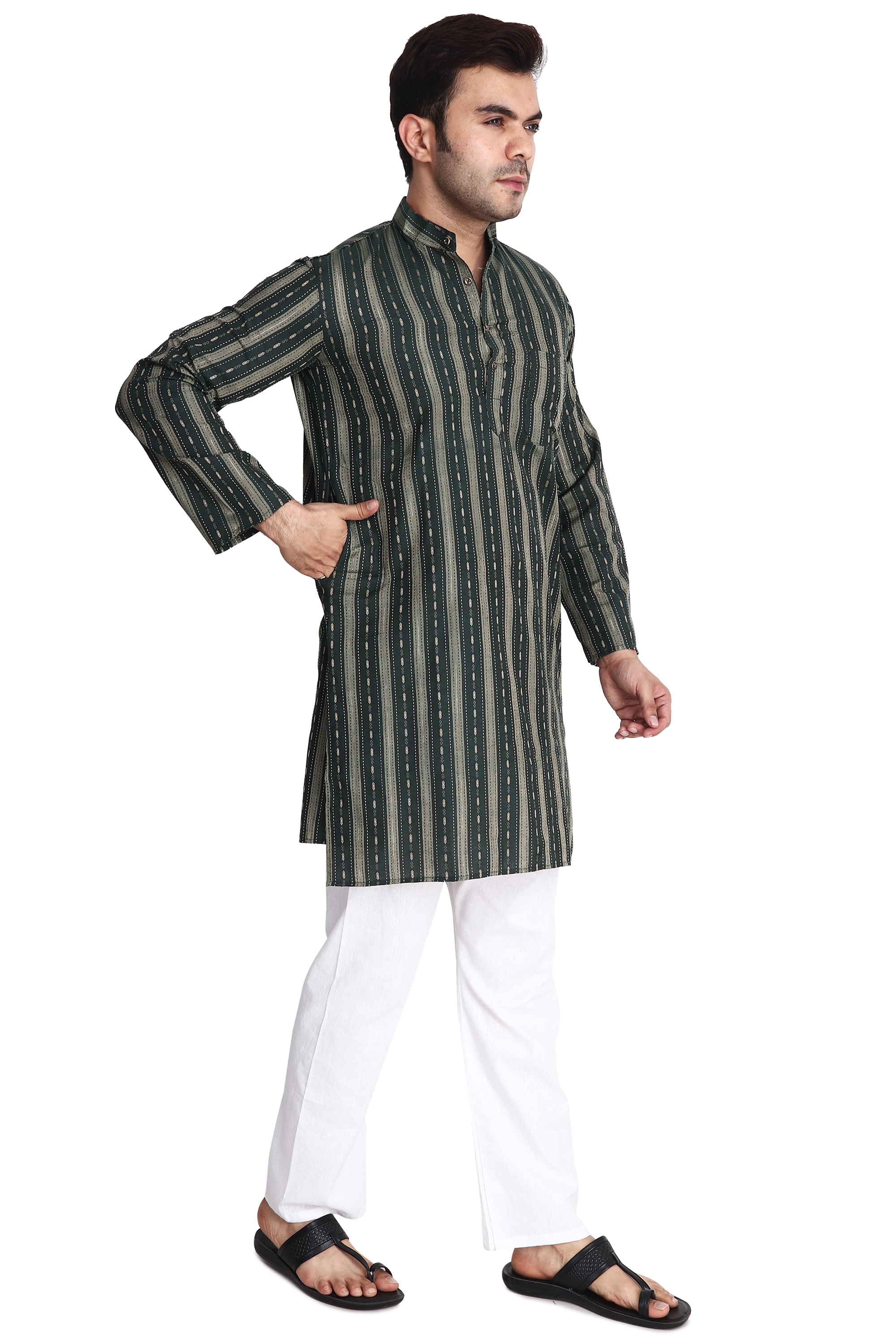 Aaryavar Men's Embroidered Premium Cotton - Motif Design Kurta - Dark Green Color