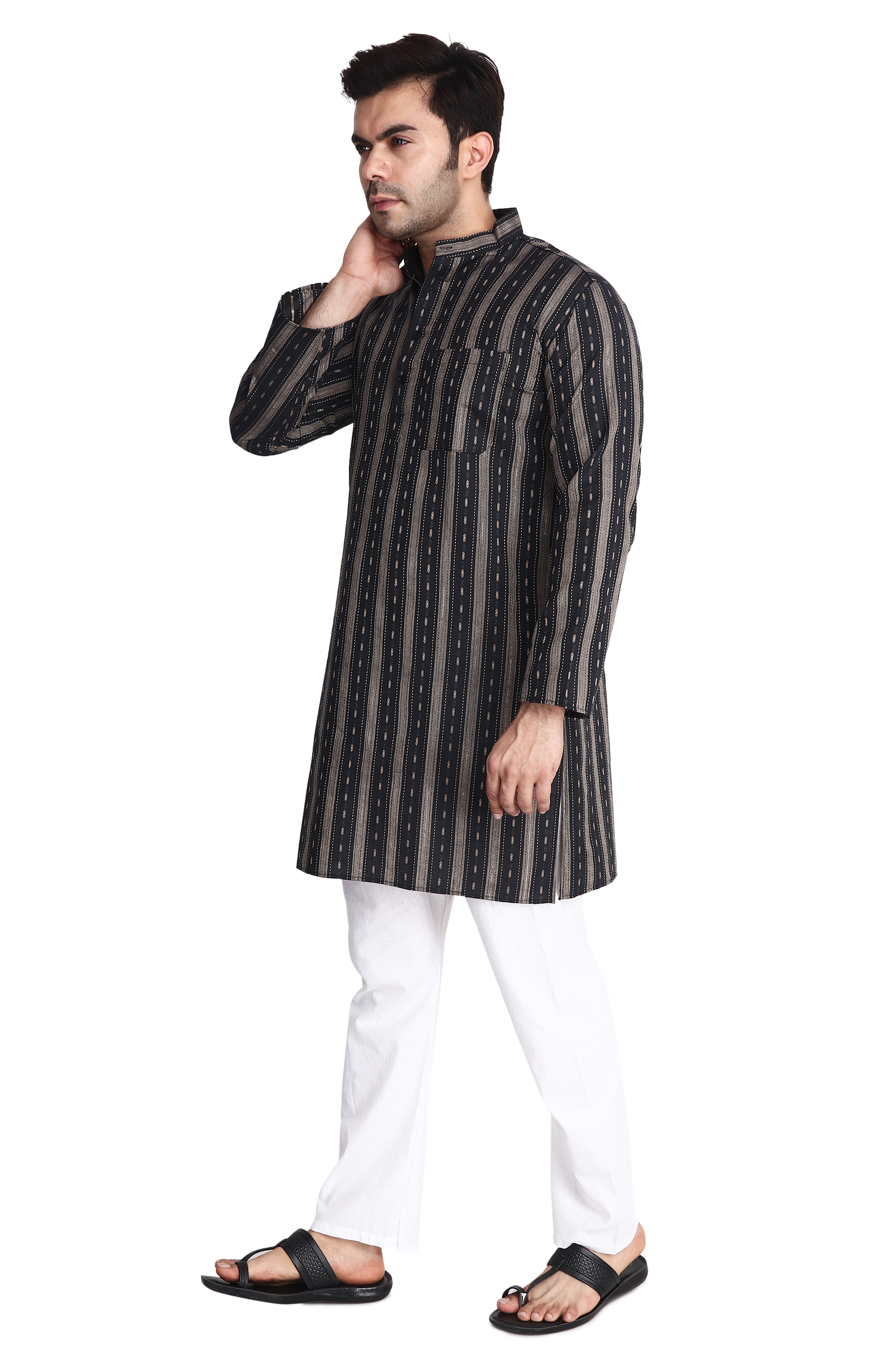 Aaryavar Men's Embroidered Premium Cotton - Motif Design Kurta - Black Color