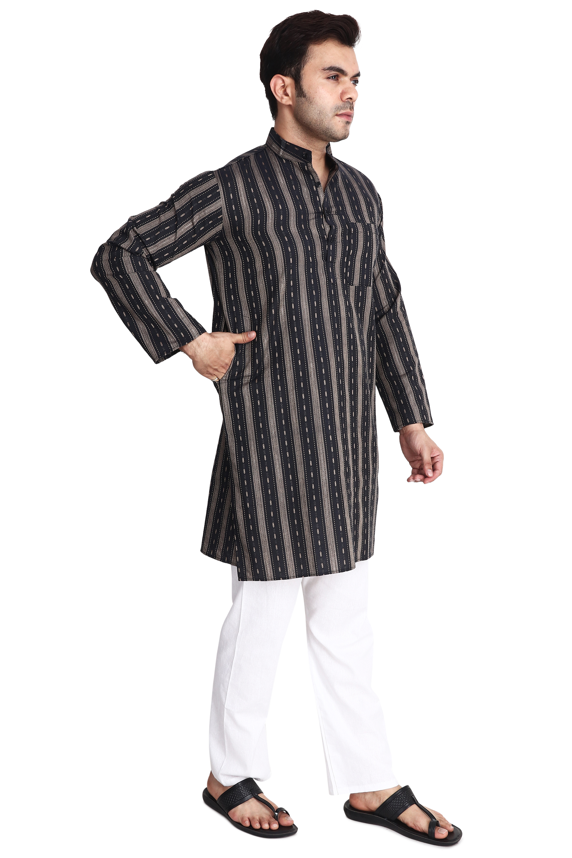Aaryavar Men's Embroidered Premium Cotton - Motif Design Kurta - Black Color