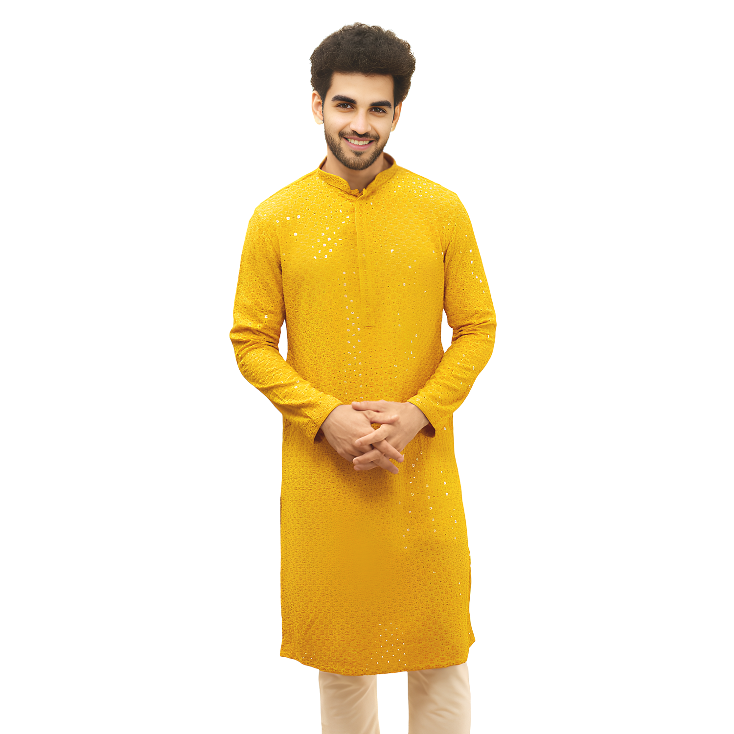 Aaryavar Men's Sequin Embellished Chikankari Kurta Only - Yellow Color for Haldi/Festival/Temple Function