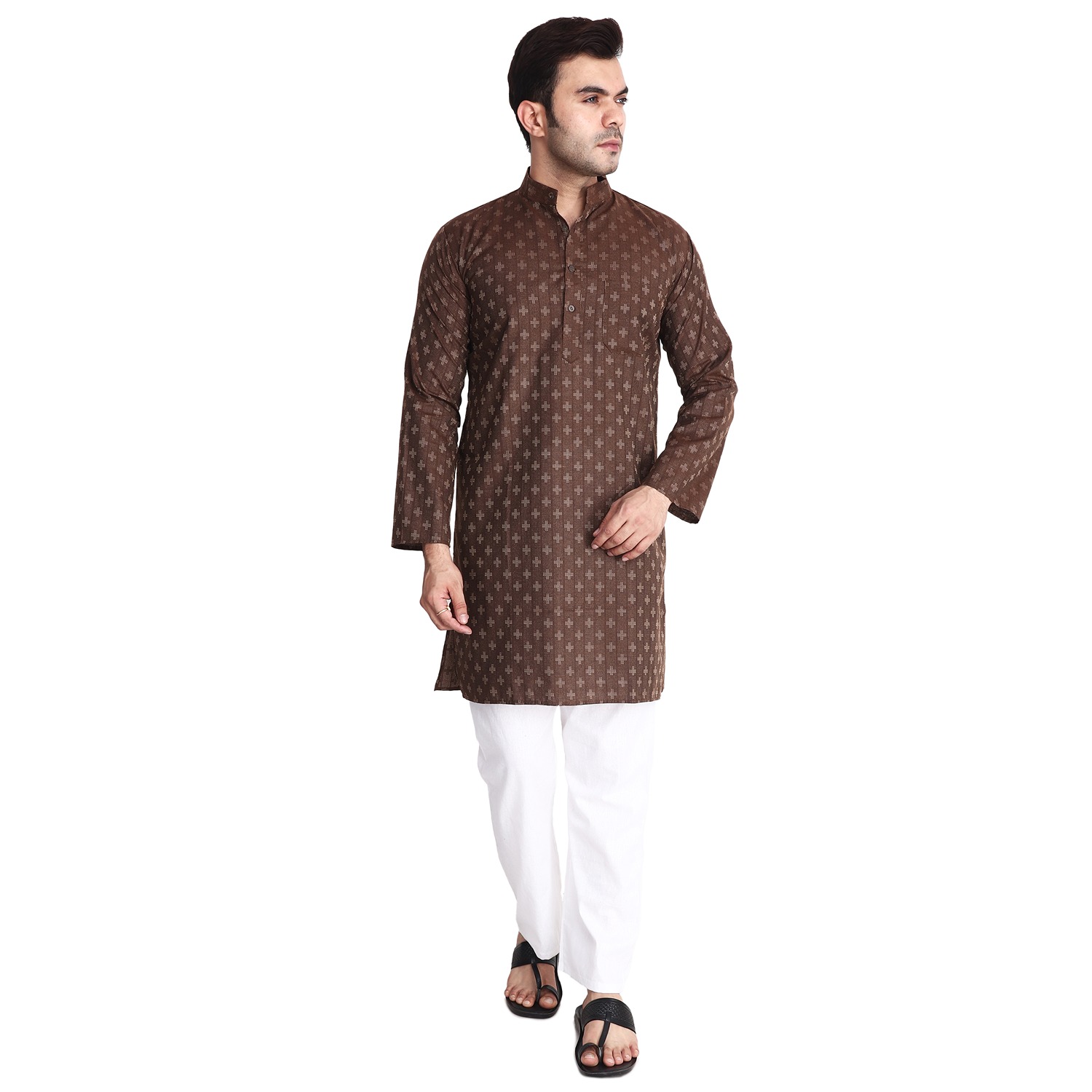 Aaryavar Men's Embroidered Premium Cotton Kurta - Brown Color