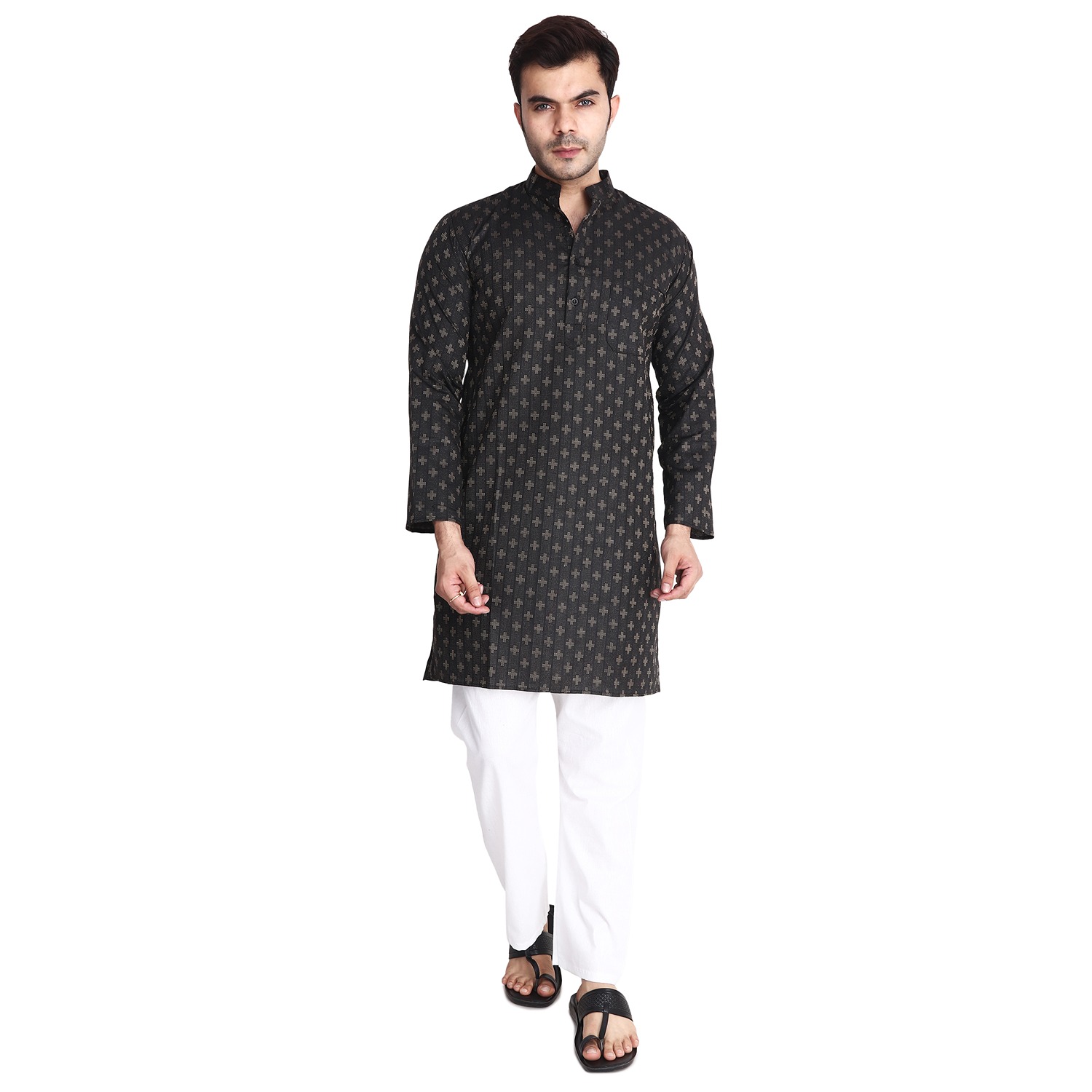 Aaryavar Men's Embroidered Premium Cotton Kurta - Black Color