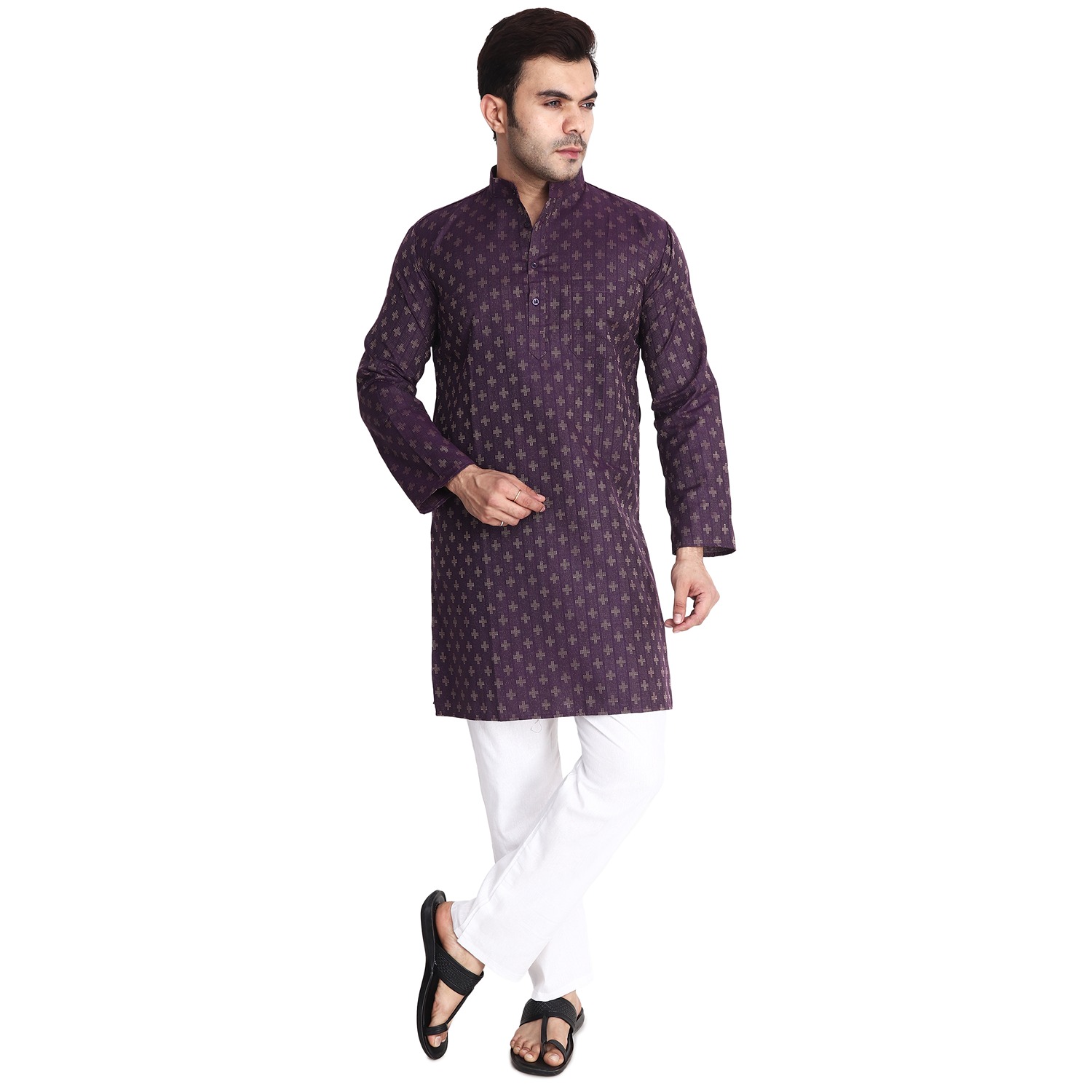 Aaryavar Men's Embroidered Premium Cotton Kurta - Purple Color