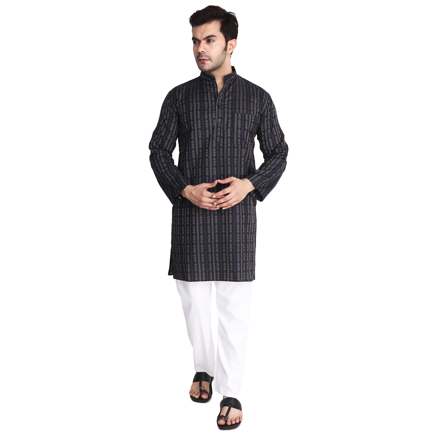Aaryavar Men's Embroidered Premium Cotton - Arrow Design Kurta - Black Color