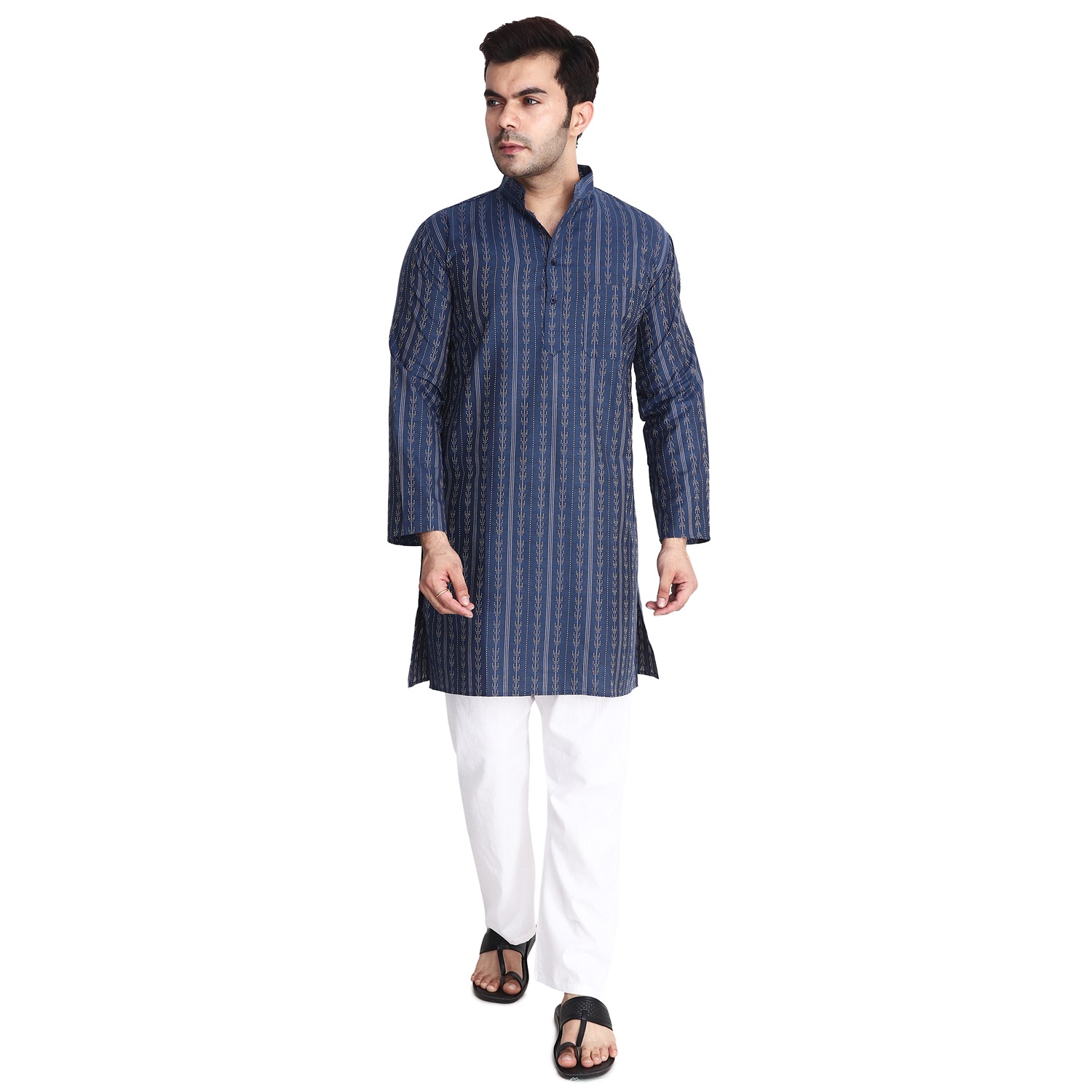 Aaryavar Men's Embroidered Premium Cotton - Arrow Design Kurta - Navy Blue Color