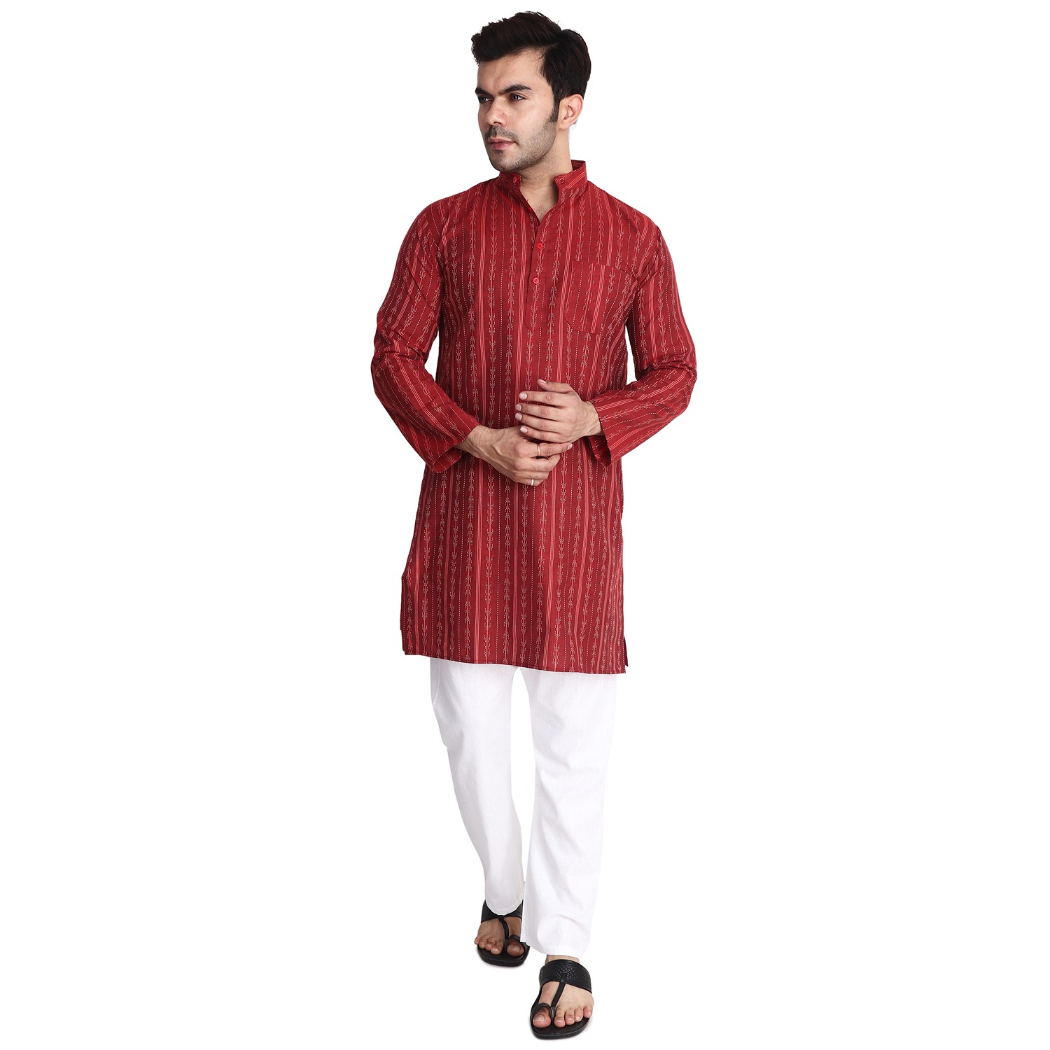 Aaryavar Men's Embroidered Premium Cotton - Arrow Design Kurta - Red Color