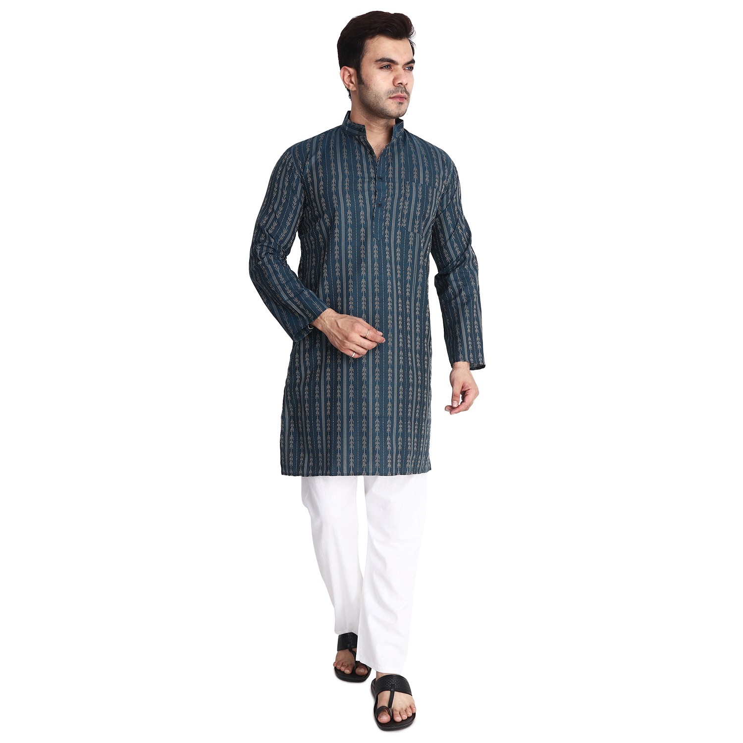 Aaryavar Men's Embroidered Premium Cotton - Arrow Design Kurta - Turkish Blue Color