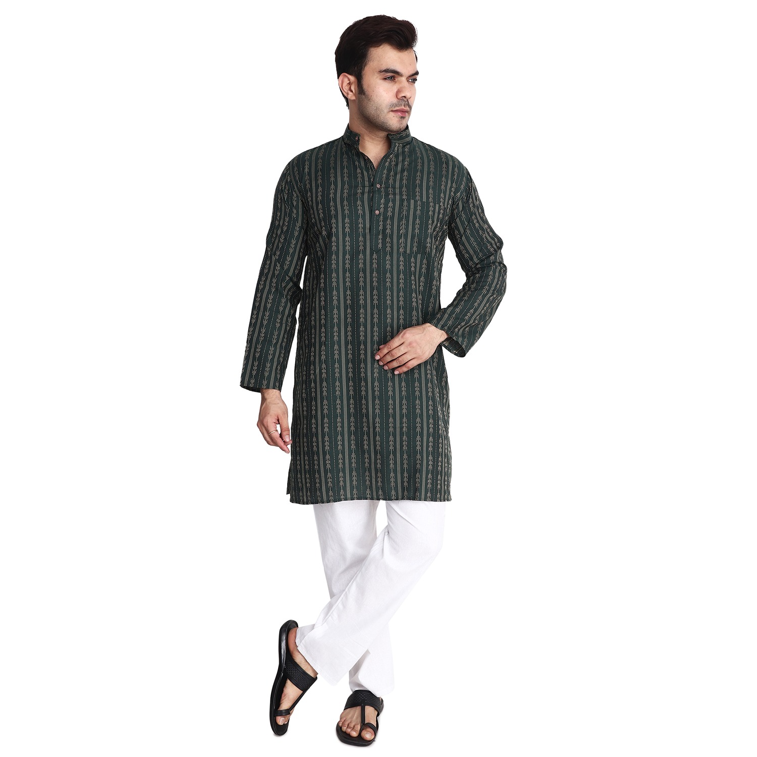 Aaryavar Men's Embroidered Premium Cotton - Arrow Design Kurta - Dark Green Color